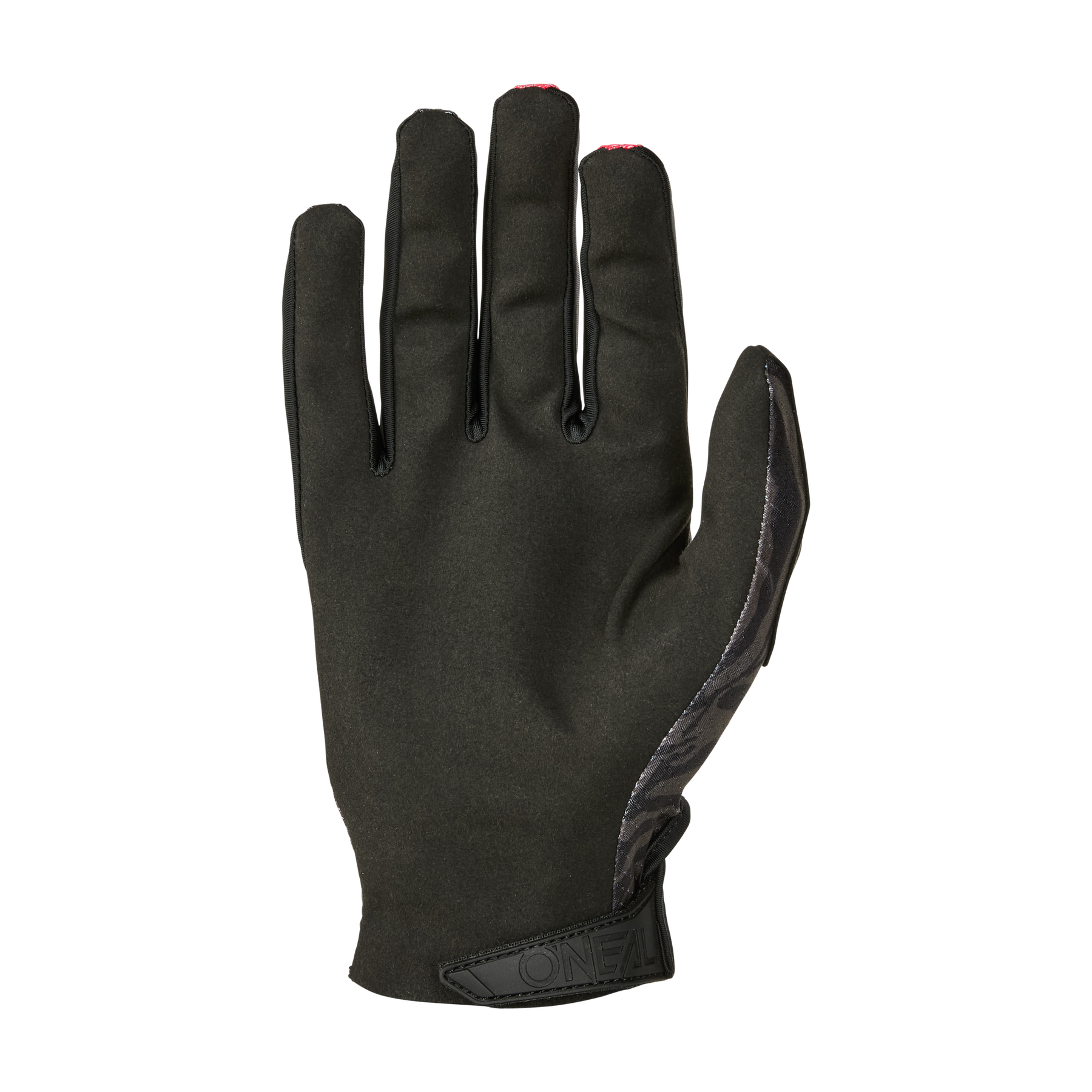 Der O'NEAL MATRIX Handschuh SHOCKER ist ein schwarzer Vollfinger-Motocross-Handschuh mit glatter Oberfläche und leichtem Glanz, der mit der Handfläche nach unten gezeigt wird. Das "O'NEAL"-Logo befindet sich auf der Handgelenkschlaufe - ideal für Motocross oder Mountainbiking.