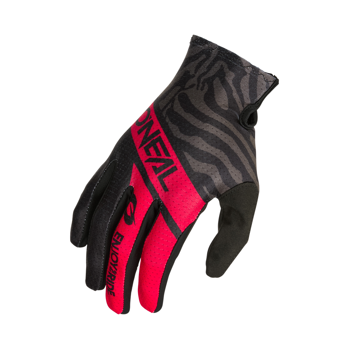 Der O'NEAL MATRIX Handschuh SHOCKER ist ein schwarz-roter Radhandschuh mit Zebradruck am Handgelenk, "O'NEAL"-Branding auf dem Handrücken, atmungsaktiven Perforationen und ergonomischer Passform.