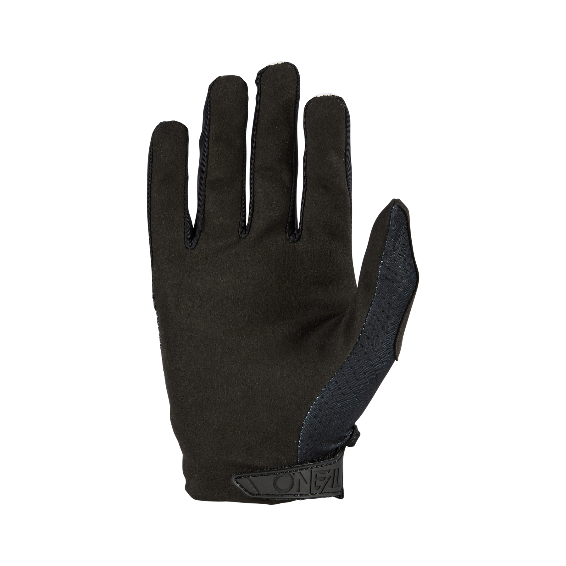 Der O'NEAL MATRIX Handschuh SPLIT in Schwarz verfügt über eine strukturierte Oberfläche, blaue seitliche Akzente und ein Logo-Tag am Handgelenk für mehr Stil. Dieser Handschuh ist mit der Handfläche nach unten abgebildet und eignet sich perfekt zum Mountainbiken.