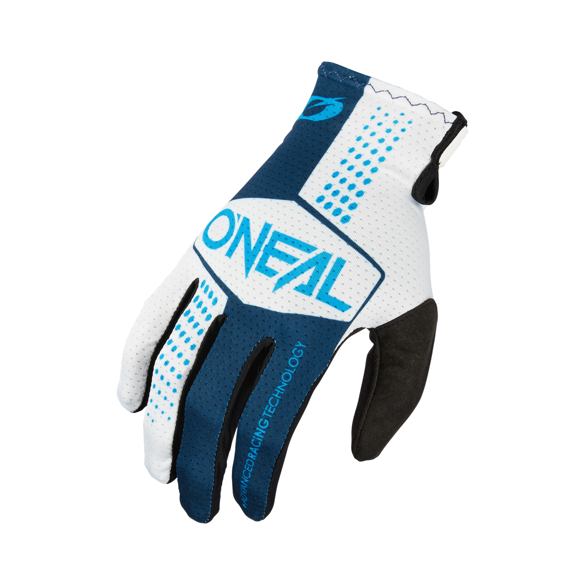 Ein blauer, weißer und schwarzer O'NEAL MATRIX Handschuh SPLIT Motocross-Handschuh mit perforiertem Material und "ADVANCED RACING TECHNOLOGY"-Text auf dem Zeigefinger ist auf schwarzem Hintergrund abgebildet.