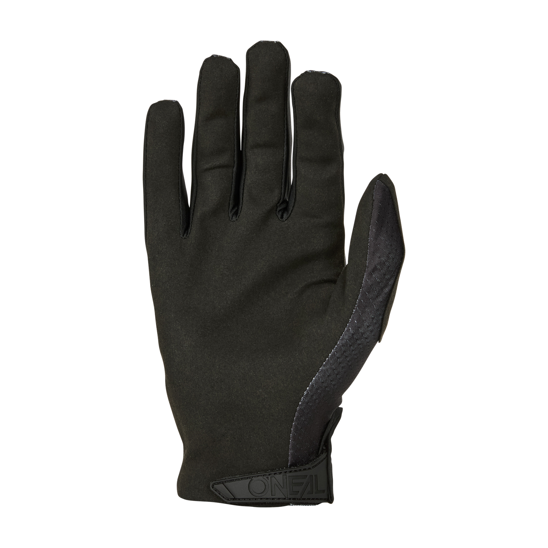 Der O'NEAL MATRIX Handschuh STATIC in Schwarz ist mit der Handfläche nach unten abgebildet und verfügt über ein kleines O'NEAL-Logo am Handgelenk und einen Streifen aus strukturiertem Material an der Seite des Zeigefingers.