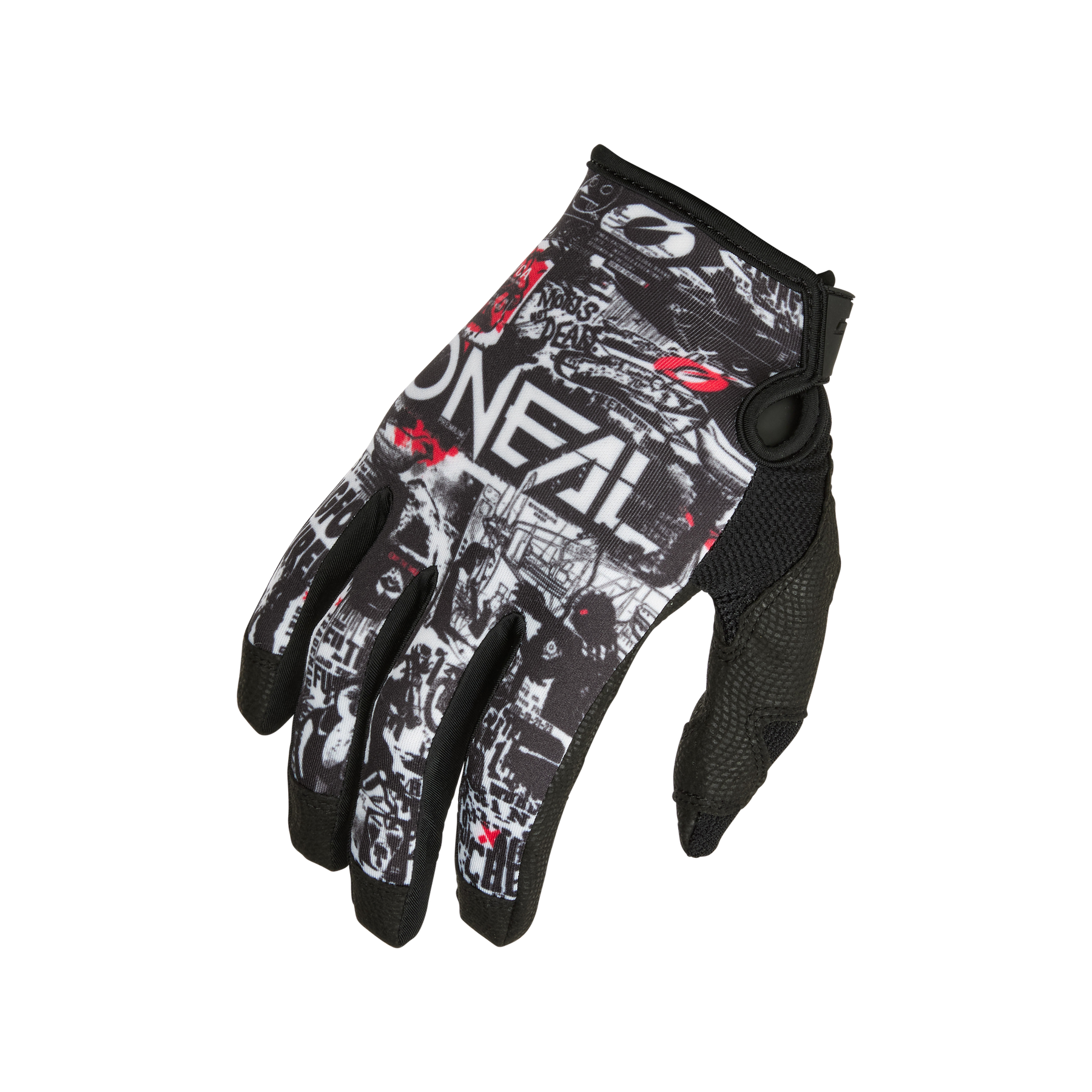 Der O'NEAL MAYHEM Handschuh ATTACK ist ein schwarz-weißer Motocross-Handschuh mit Graffiti-Grafik, "O'NEAL"-Branding, roten Akzenten, einer strukturierten Handfläche und einem Klettverschluss am Handgelenk für sicheren Halt.