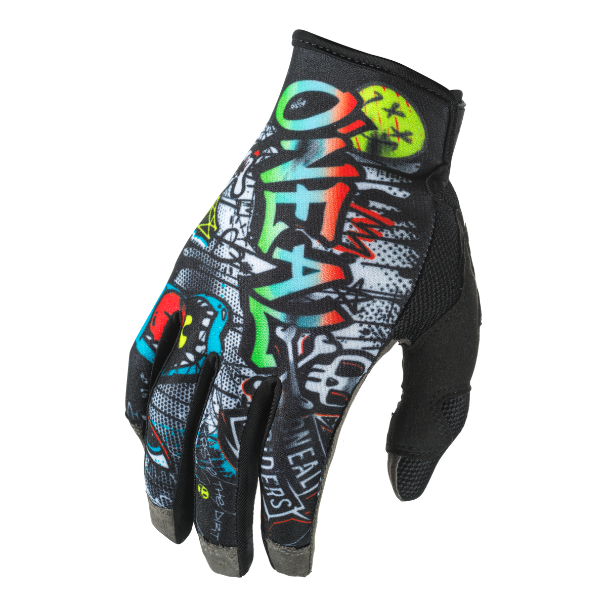 Der O'NEAL MAYHEM Handschuh RANCID von O'NEAL ist ein strapazierfähiger, schwarzer Mountainbike-Handschuh mit bunten Graffiti-Grafiken, darunter das Wort "ONE", verschiedene Formen und Muster - auf weißem Hintergrund, Handfläche nach unten gezeigt.