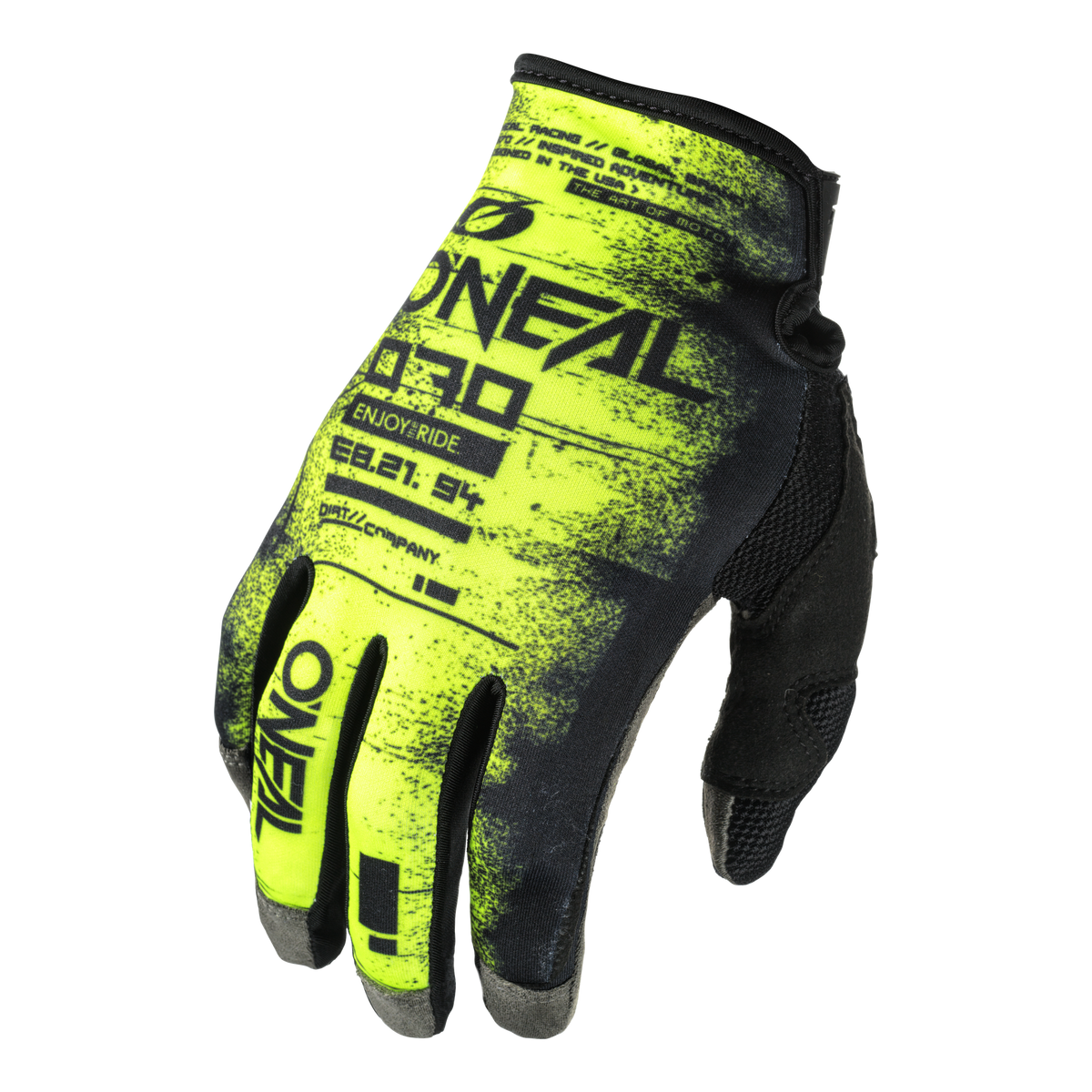 Der O'NEAL MAYHEM Handschuh SCARZ ist ein gelb-schwarzer Rechtshandschuh mit Text und Grafik. Er bietet ein passgenaues Handgelenk, atmungsaktives Material und ein strapazierfähiges Design für Motocross-Fahrkomfort.