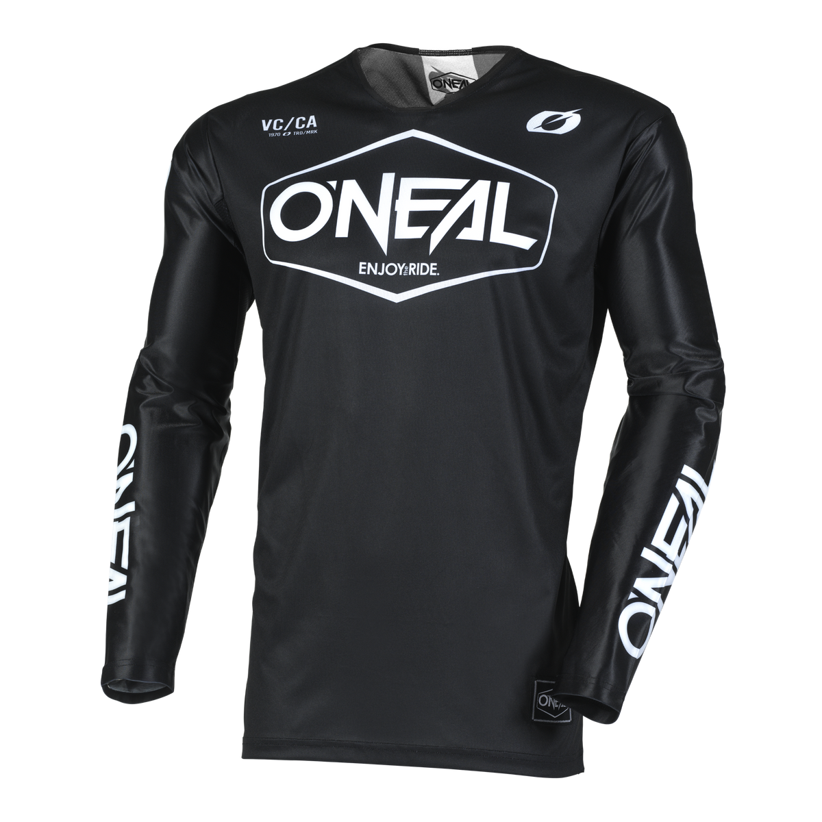 Das O'NEAL MAYHEM Jersey HEXX ist ein schwarzes Langarmtrikot mit auffälligem weißem "O'NEAL"- und "ENJOY.RIDE."-Schriftzug, Rundhalsausschnitt, taillierten Ärmelbündchen und High-Performance-Qualität für höchste Funktionalität bei jeder Fahrt.