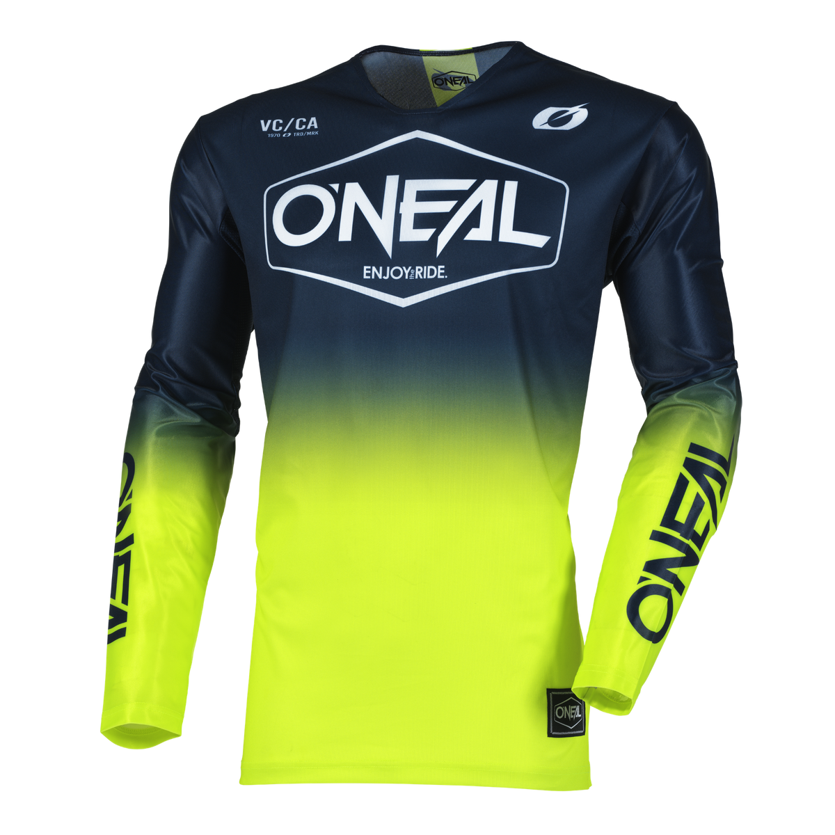 Das O'NEAL MAYHEM Jersey HEXX ist ein leistungsstarkes, langärmeliges Motocross-Top mit einem schwarz-gelben Farbverlauf und einem auffälligen, weißen O'NEAL-Branding auf der Brust, den Ärmeln und dem Kragen für herausragenden Stil und Funktion.