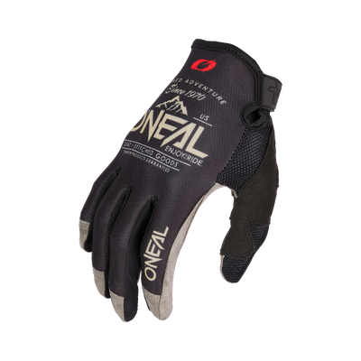 Der O'NEAL MAYHEM Handschuh DIRT ist ein schwarzer Mountainbike-Handschuh mit hellgrauen Fingerspitzen, seitlicher Netzbelüftung, aufgedrucktem Branding und Berggrafiken - ideal für anspruchsvolle Fahrten.