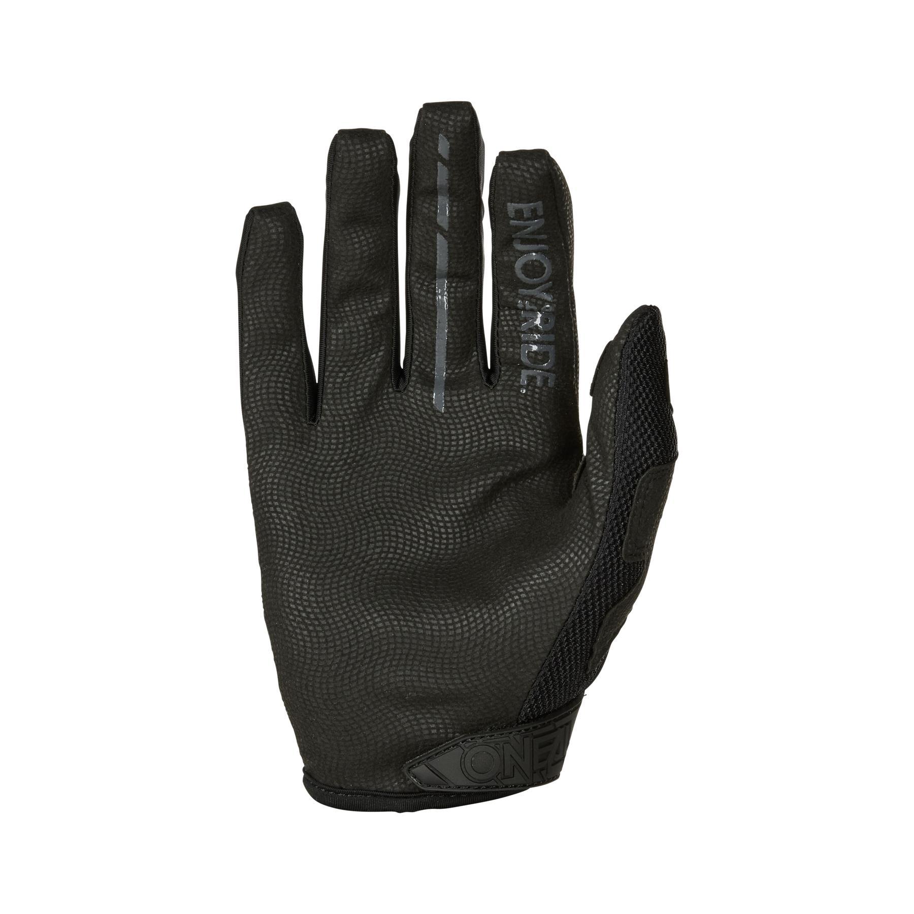 Der O'NEAL MAYHEM Handschuh RIDER von O'NEAL ist ein schwarzer Vollfinger-Motocross-Handschuh mit strukturiertem Material, dezenten Mustern und einer verstärkten Handfläche und Fingern für zusätzliche Haltbarkeit.