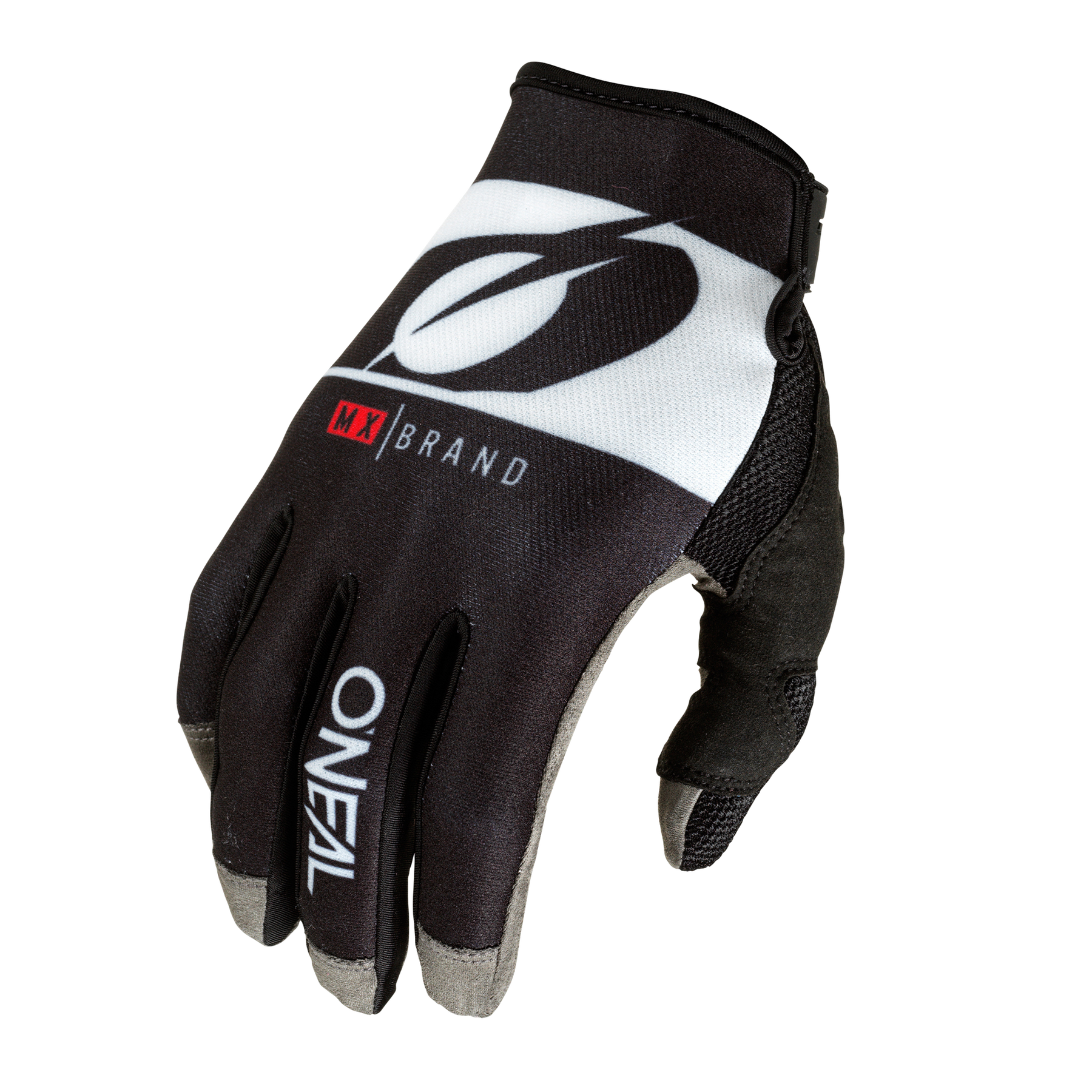 Der O'NEAL MAYHEM Handschuh RIDER ist ein schwarz-weißer Mountainbike-Handschuh mit grauen Fingerspitzen, einem weißen O'NEAL-Logo auf dem Handrücken und einem "MY BRAND"-Label auf weißem Hintergrund.