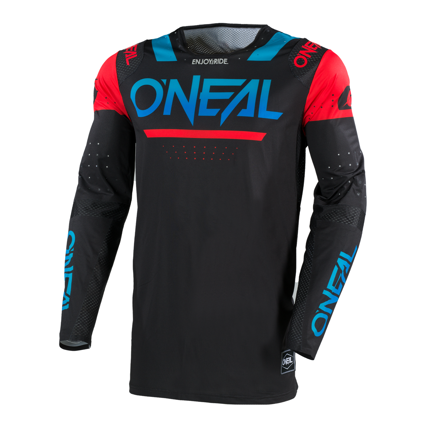 The O'NEAL PRODIGY Jersey FIVE FOUR is a black, long-sleeved motocross jersey with eye-catching blue O'NEAL branding, red shoulders, blue and red accents and mesh inserts on the arms for more breathability.