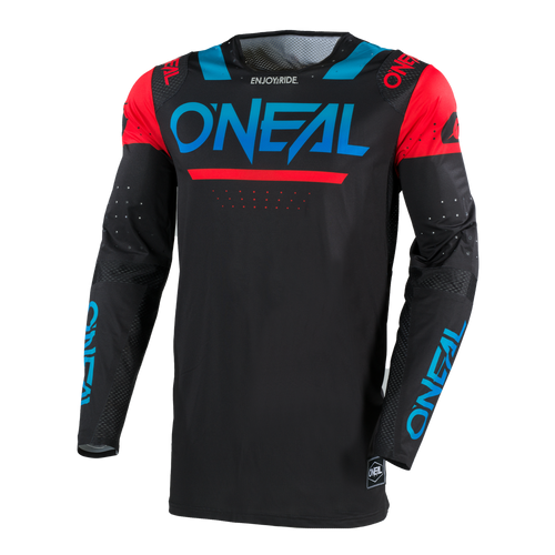 Das O'NEAL PRODIGY Jersey FIVE FOUR ist ein schwarzes, langärmeliges Motocross-Trikot mit auffälligem blauen O'NEAL-Branding, roten Schultern, blauen und roten Akzenten und Mesh-Einsätzen an den Armen für mehr Atmungsaktivität.
