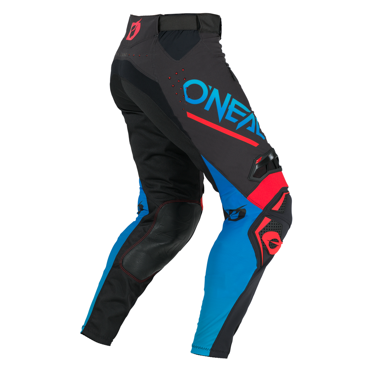 Die O'NEAL PRODIGY Hose FIVE FOUR hat eine schwarze Basis mit kräftigen blauen und roten Akzenten, einen großen blauen "O'NEAL PRODIGY"-Schriftzug auf dem Oberschenkel und zusätzlichen Schutz mit schützenden Kniepolstern.