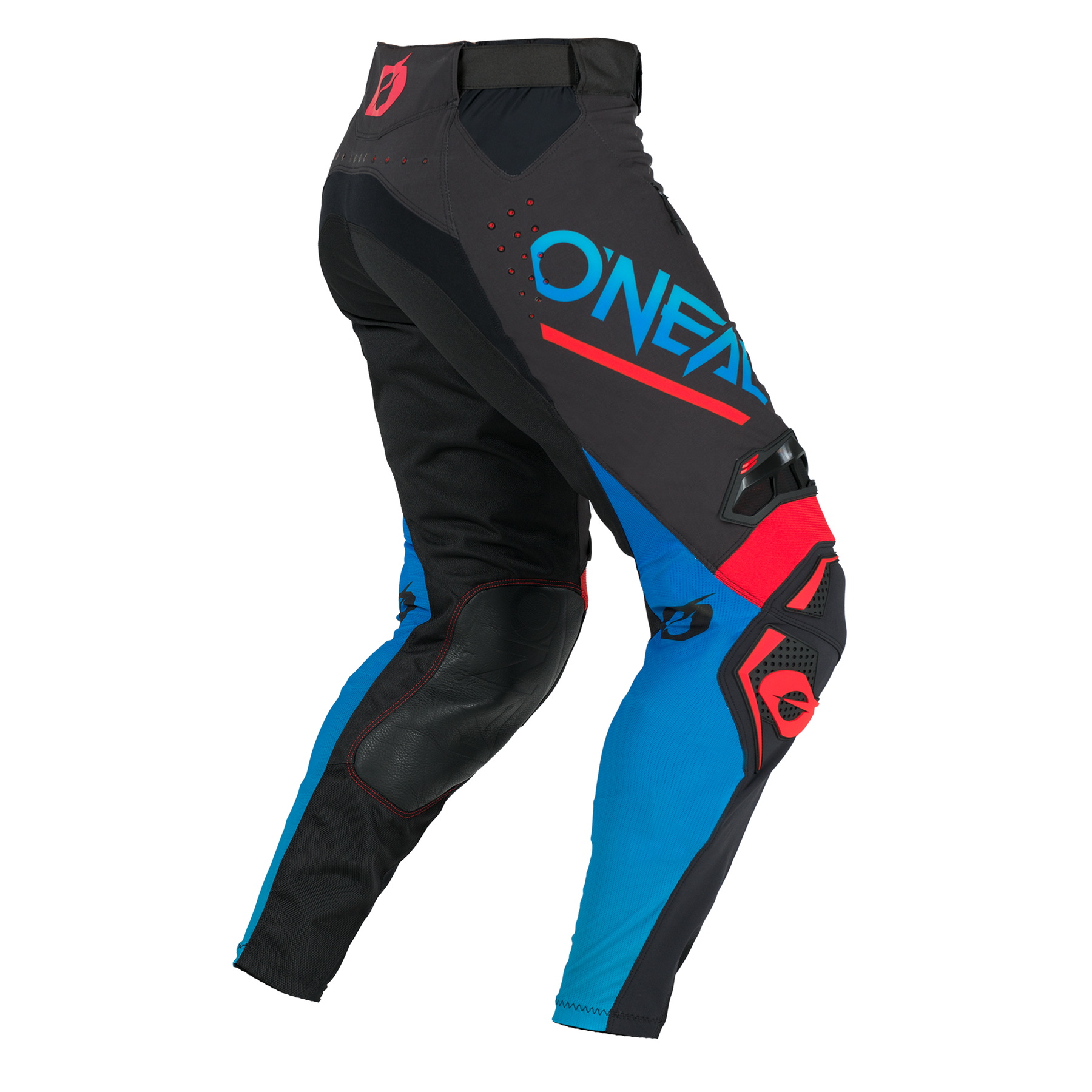 Die O'NEAL PRODIGY Hose FIVE FOUR hat eine schwarze Basis mit kräftigen blauen und roten Akzenten, einen großen blauen "O'NEAL PRODIGY"-Schriftzug auf dem Oberschenkel und zusätzlichen Schutz mit schützenden Kniepolstern.