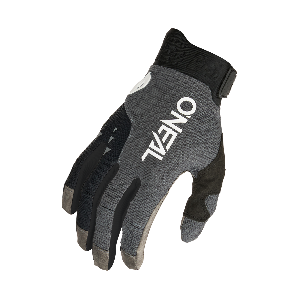 Der O'NEAL REVOLUTION Nanofront Handschuh ist ein schwarz-grauer Radfahr- oder Motocross-Handschuh mit weißem O'NEAL-Logo, Klettverschluss und verstärkten Fingerspitzen, abgebildet auf einem einfarbigen Untergrund.