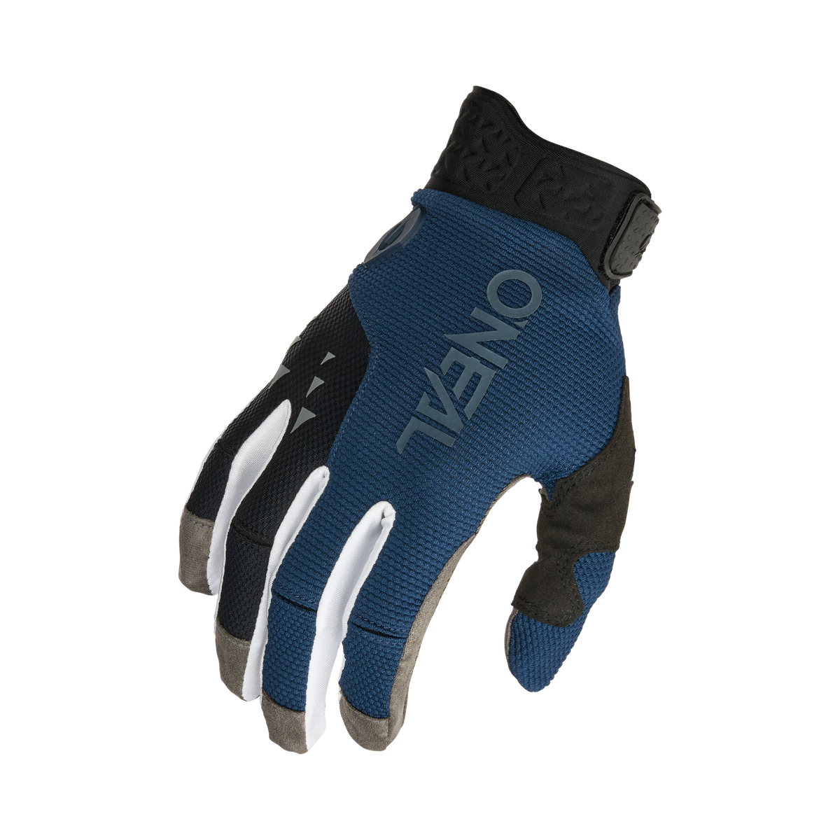 Der blau-schwarze O'NEAL REVOLUTION Nanofront Handschuh mit weißen und grauen Akzenten, der für den Einsatz im Freien oder beim Sport konzipiert wurde, ist mit der Handfläche nach unten und leicht gebogenen Fingern abgebildet.