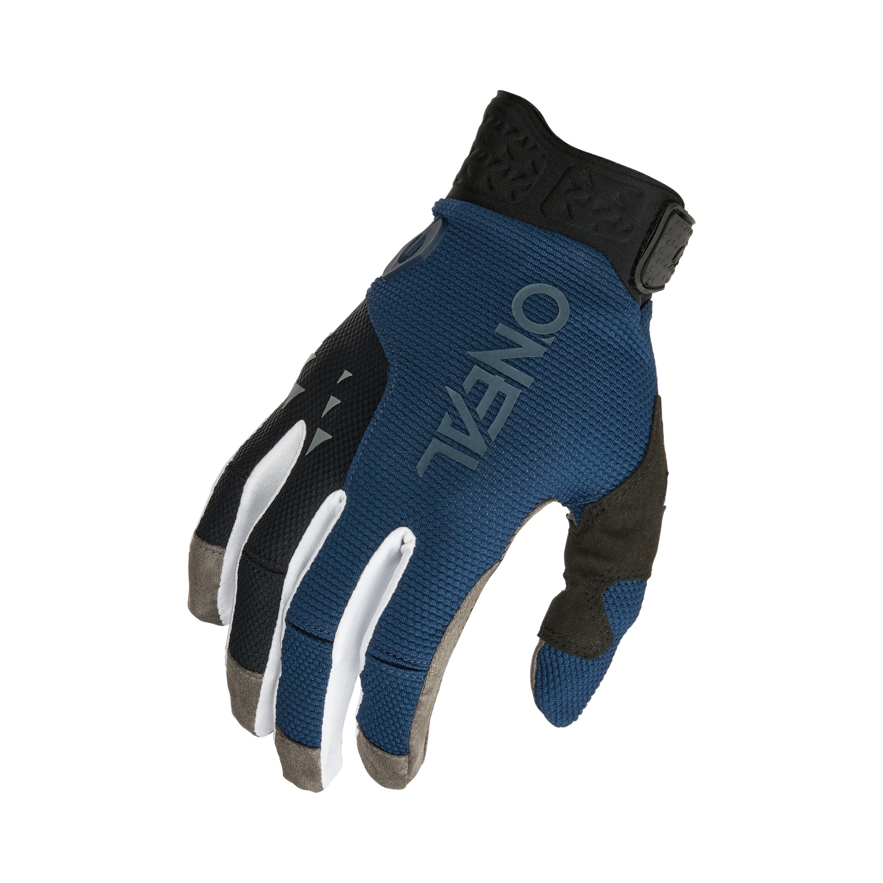 Der blau-schwarze O'NEAL REVOLUTION Nanofront Handschuh mit weißen und grauen Akzenten, der für den Einsatz im Freien oder beim Sport konzipiert wurde, ist mit der Handfläche nach unten und leicht gebogenen Fingern abgebildet.