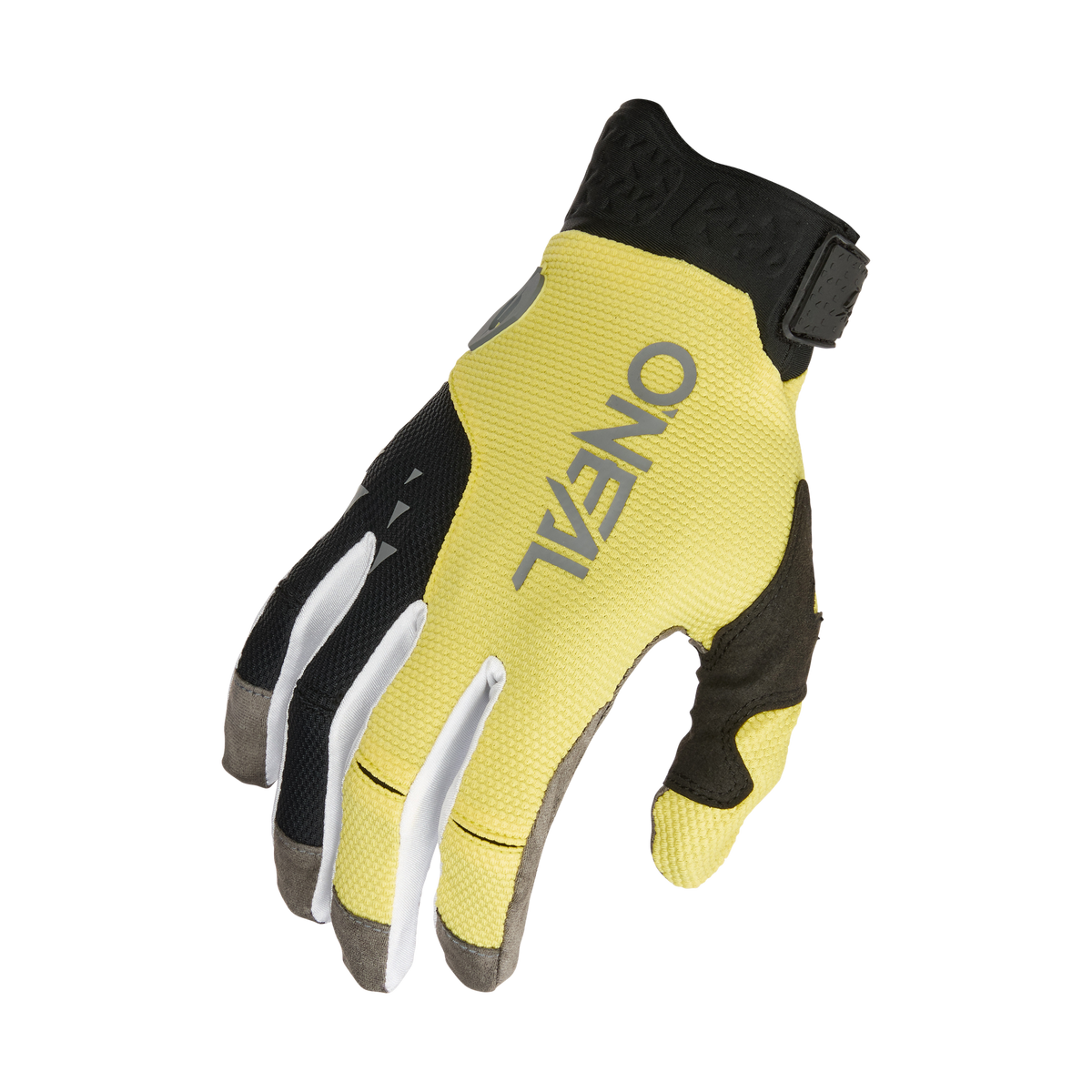 Der O'NEAL REVOLUTION Nanofront Handschuh ist ein gelb-schwarzer Handschuh mit grauen und weißen Akzenten, der mit einem Klettverschluss am Handgelenk ausgestattet ist und sich perfekt zum Biken, MTB oder Motocross eignet.