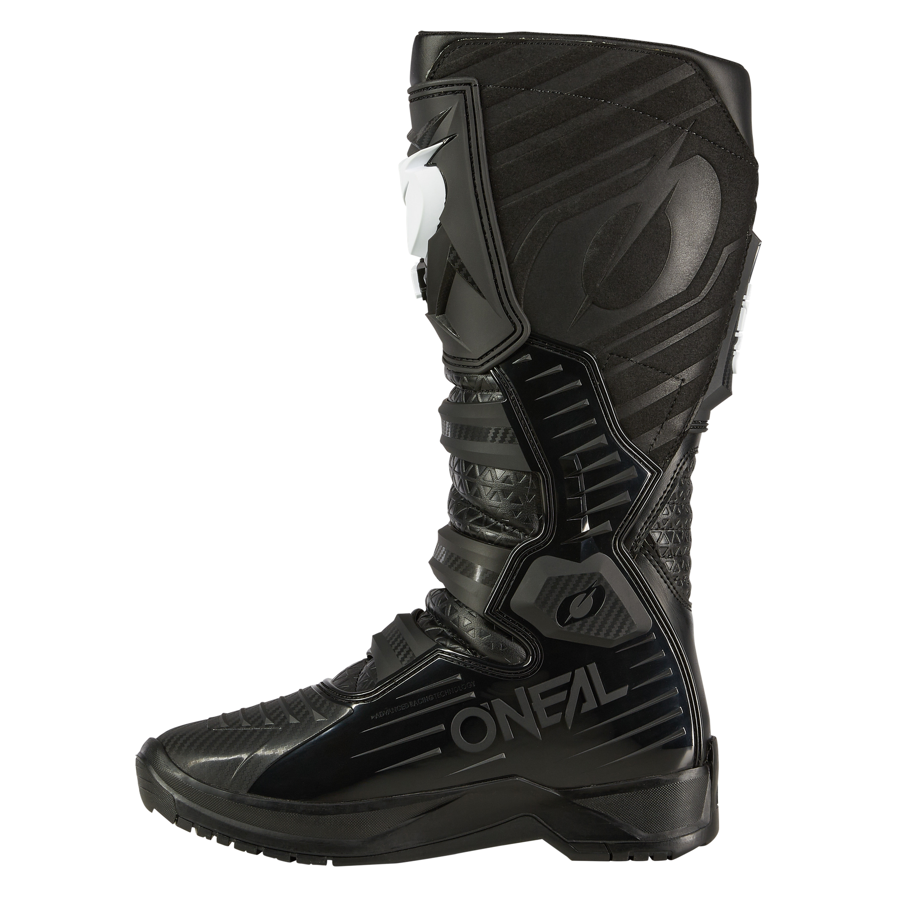 Der O'NEAL RMX PRO Stiefel ist ein schwarzer Motocross-Stiefel mit strukturierten Einsätzen, verstärktem Schienbein- und Knöchelbereich, dem "O'NEAL"-Schriftzug an der Seite und einem weißen Logo im oberen Bereich - ideal für Offroad-Abenteuer mit Stil und Schutz.