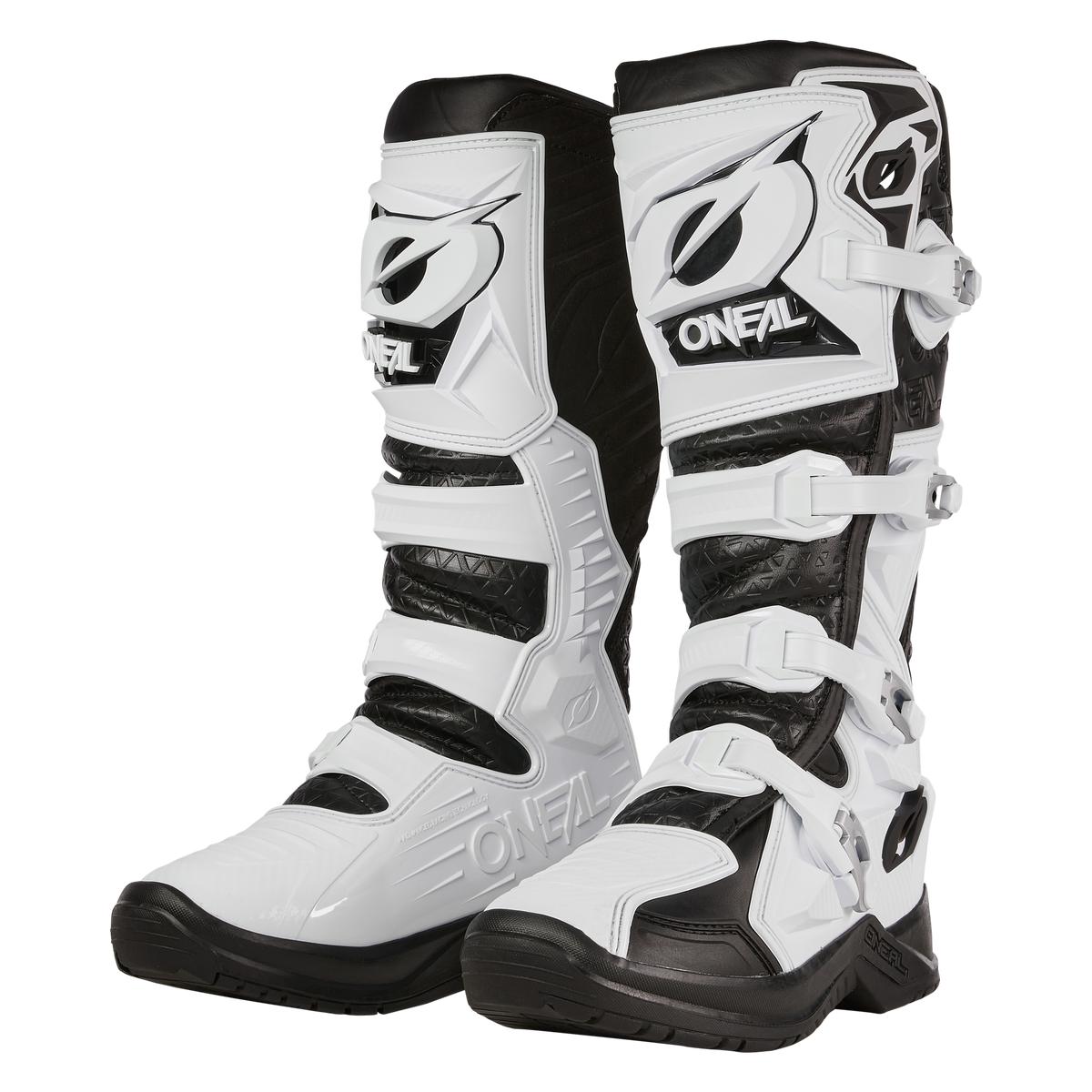 Die O'NEAL RMX PRO Stiefel sind weiß-schwarze Motocross-Stiefel mit mehreren Schnallen, strukturierten Einsätzen und einem auffälligen O'NEAL-Branding auf der Vorderseite und an den Seiten.
