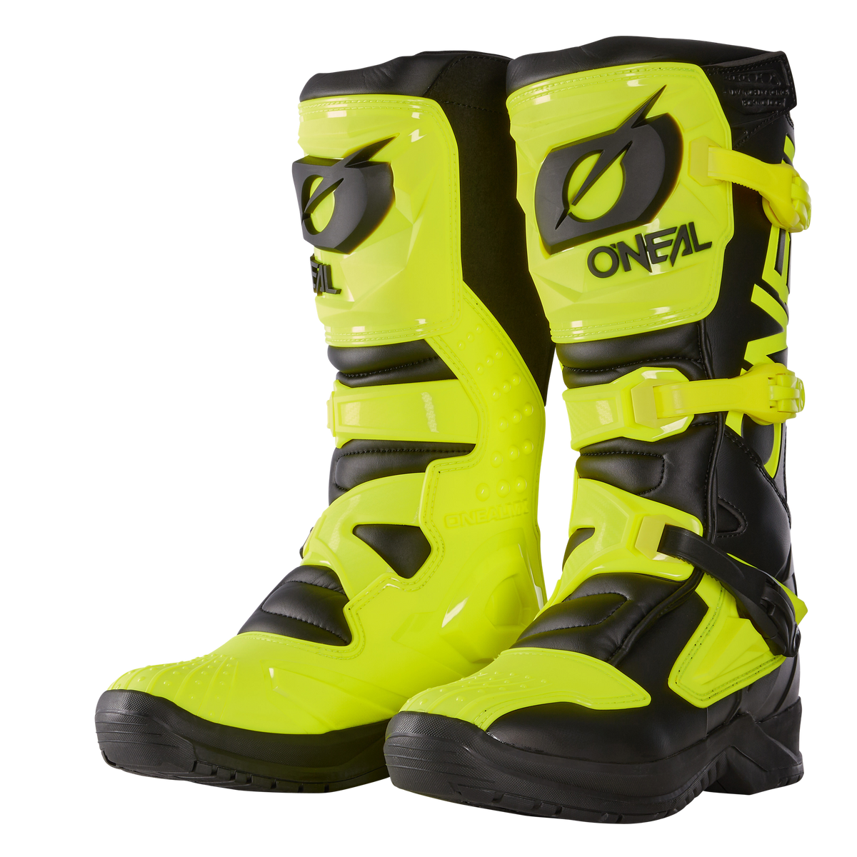 Ein Paar O'NEAL RSX Stiefel in Schwarz und Neongelb mit Schutzplatten, sicheren Schnallen und einem auffälligen O'NEAL Branding auf der Vorderseite und an der Seite.