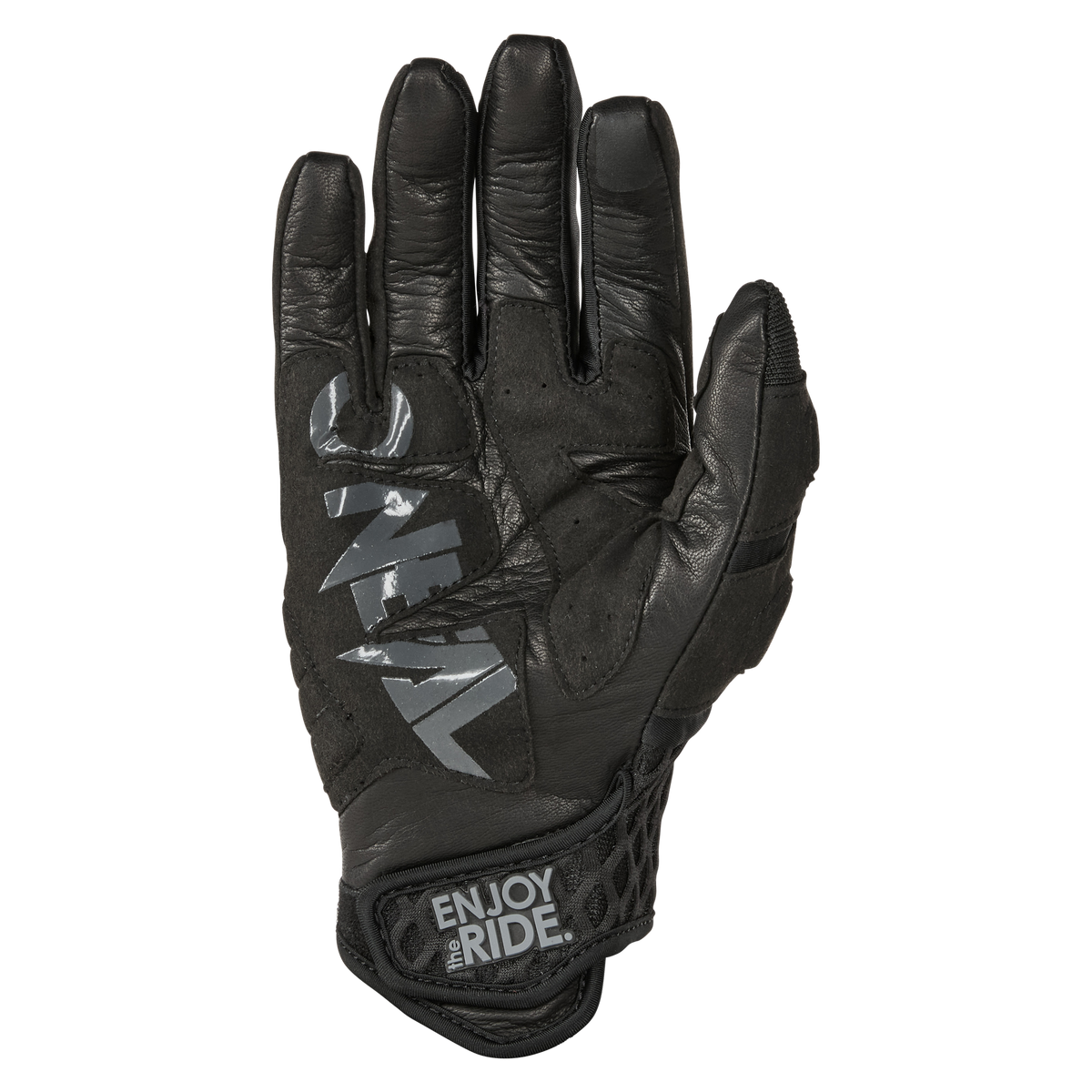 Der O'NEAL SGX Glove von O'NEAL ist ein schwarzer, gepolsterter Motorradhandschuh mit grauem "SEVEN" auf den Fingern und "ENJOY THE RIDE." auf dem Handgelenk, der für Outdoor- und Motorsportaktivitäten entwickelt wurde.