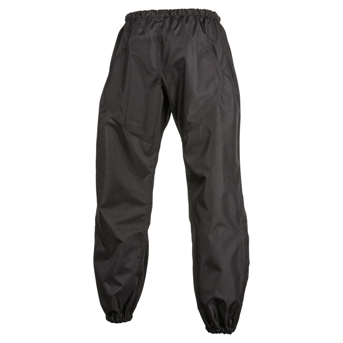 Die O'NEAL SHORE Regenhose von O'NEAL hat einen schwarzen wasserabweisenden Stoff, einen elastischen Bund, elastische Knöchelbündchen, sichtbare Nähte und Taschen an den Seiten und hinten. Abgebildet in der Rückansicht.