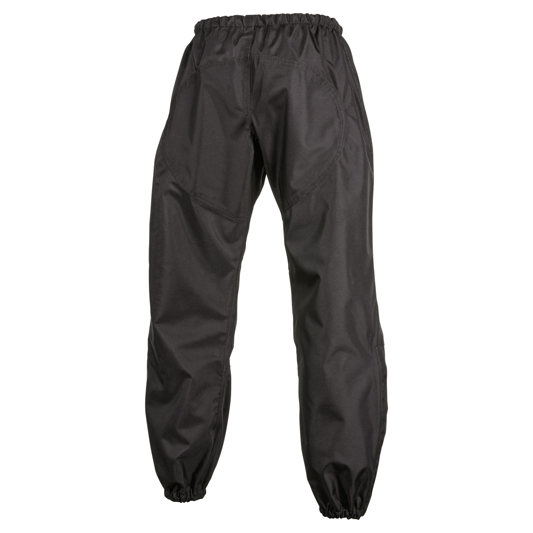 Die O'NEAL SHORE Regenhose von O'NEAL hat einen schwarzen wasserabweisenden Stoff, einen elastischen Bund, elastische Knöchelbündchen, sichtbare Nähte und Taschen an den Seiten und hinten. Abgebildet in der Rückansicht.