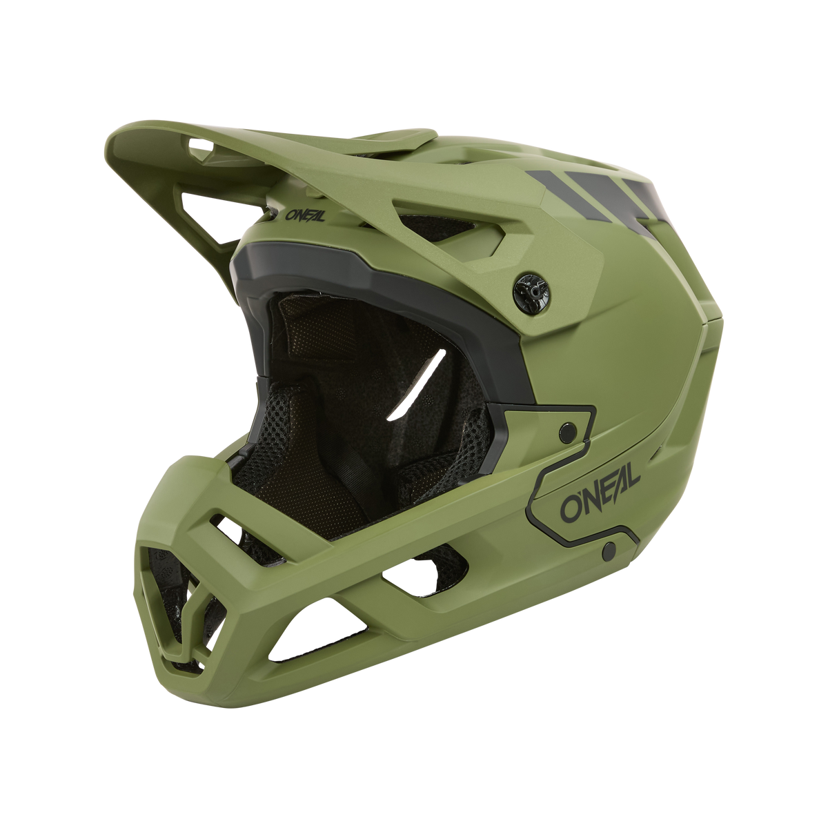 Der O'NEAL SL1 Helmet CREST ist ein mattgrüner Fullface-Mountainbike-Helm mit schwarzem Visier und Kinnschutz, seitlichem "ONEAL"-Logo und Belüftungsöffnungen - die perfekte Ausrüstung für optimalen Schutz auf dem Trail.