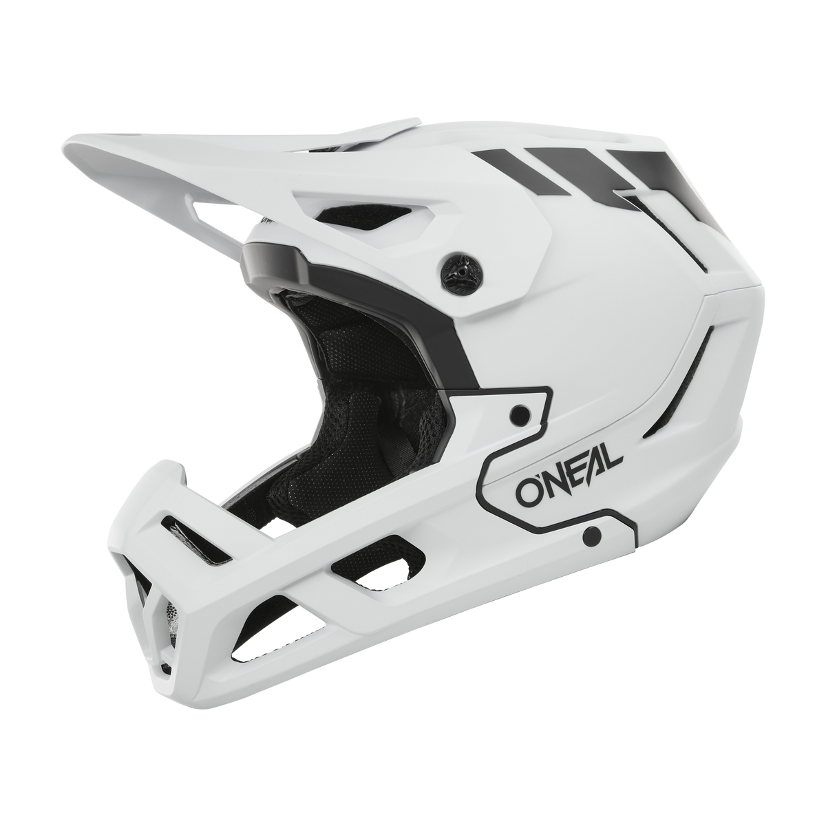 Der O'NEAL SL1 Helmet CREST ist ein weißer Fullface-Motocross-Helm mit schwarzen Akzenten, seitlichem Branding, einem belüfteten Kinnschutz und einem stabilen Visier für optimalen Schutz während Ihrer Fahrten.