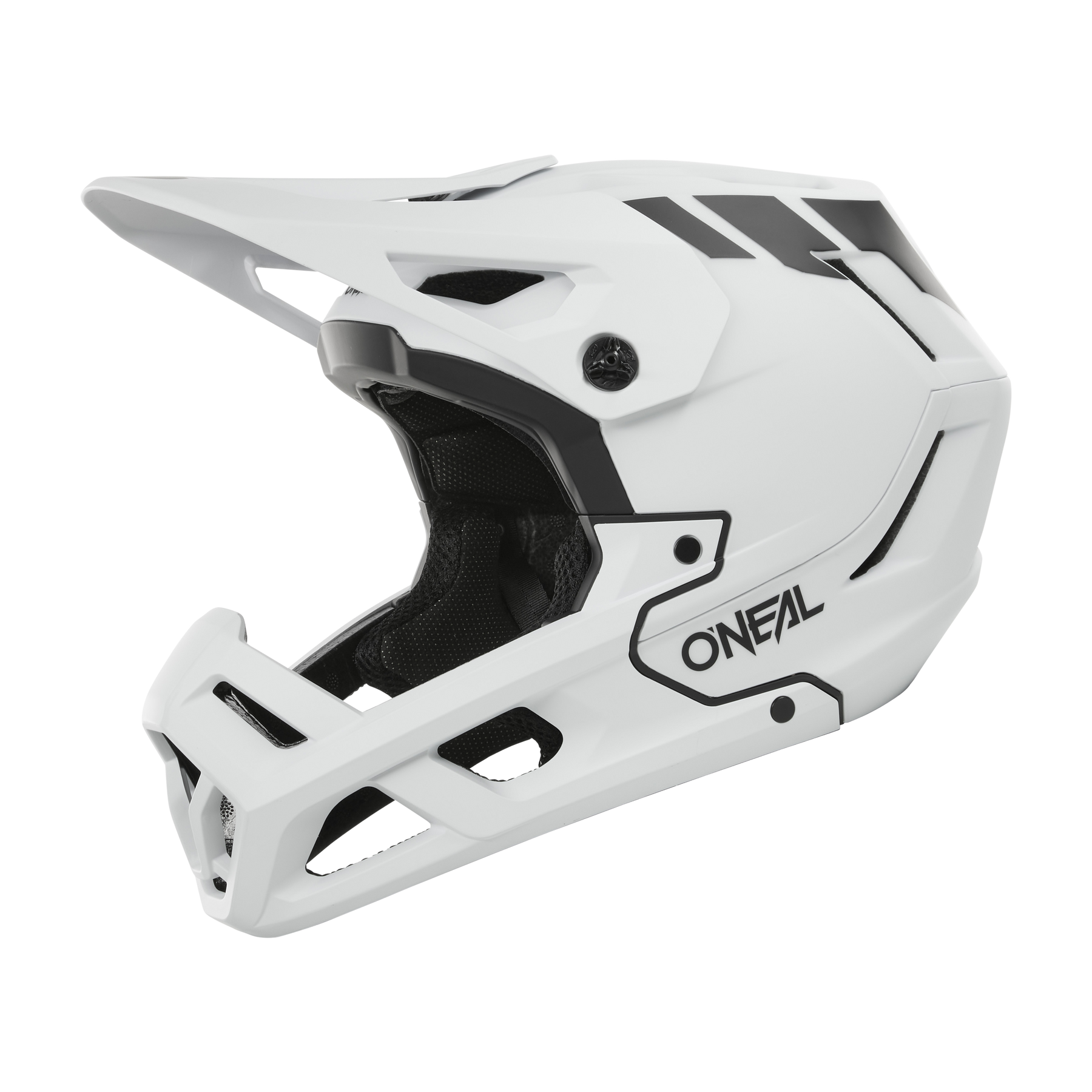Der O'NEAL SL1 Helmet CREST ist ein weißer Fullface-Motocross-Helm mit schwarzen Akzenten, seitlichem Branding, einem belüfteten Kinnschutz und einem stabilen Visier für optimalen Schutz während Ihrer Fahrten.