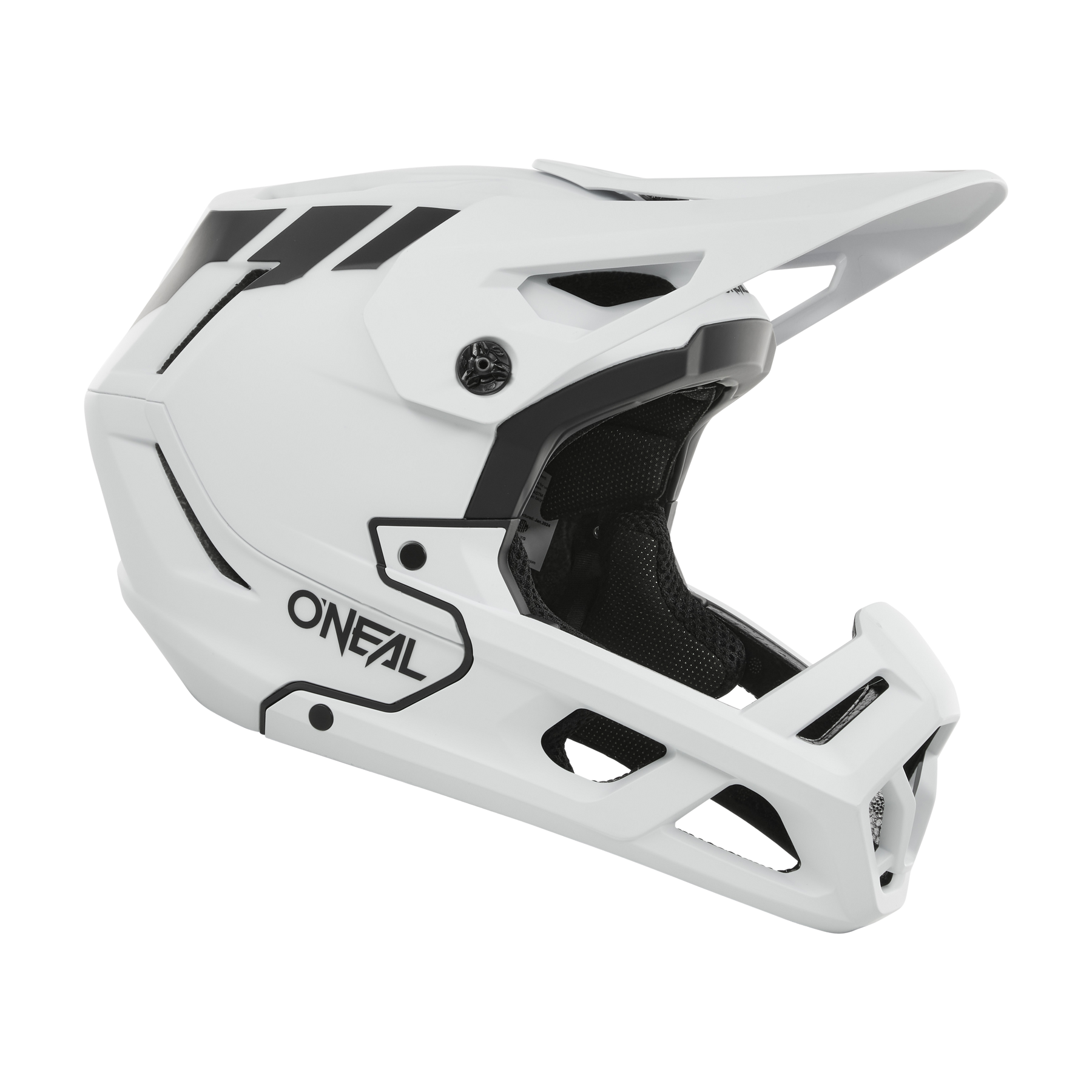 Der O'NEAL SL1 Helmet CREST ist ein weißer Fullface-Motocross-Helm mit schwarzen Akzenten, einem Visier und seitlichem O'NEAL-Logo. Er verfügt über Lüftungsschlitze und ein kantiges Design für optimalen Schutz und Ausrüstung.
