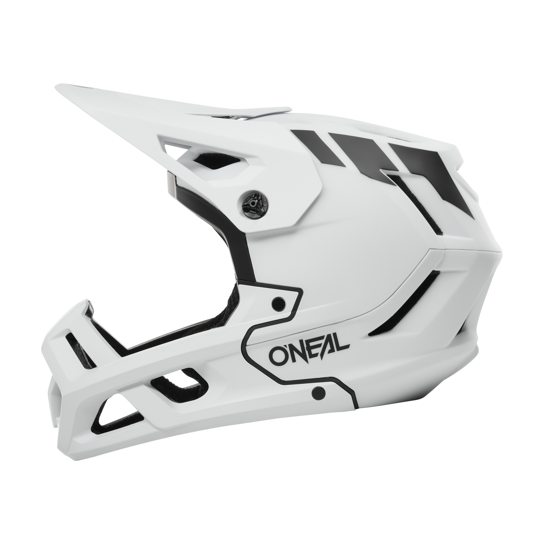 Der O'NEAL SL1 Helmet CREST ist ein weißer Motocross-Helm mit schwarzen Akzenten, einem offenen Design, einem großen Visier zum Schutz und dem Aufdruck "O'NEAL" in Schwarz auf der Seite.