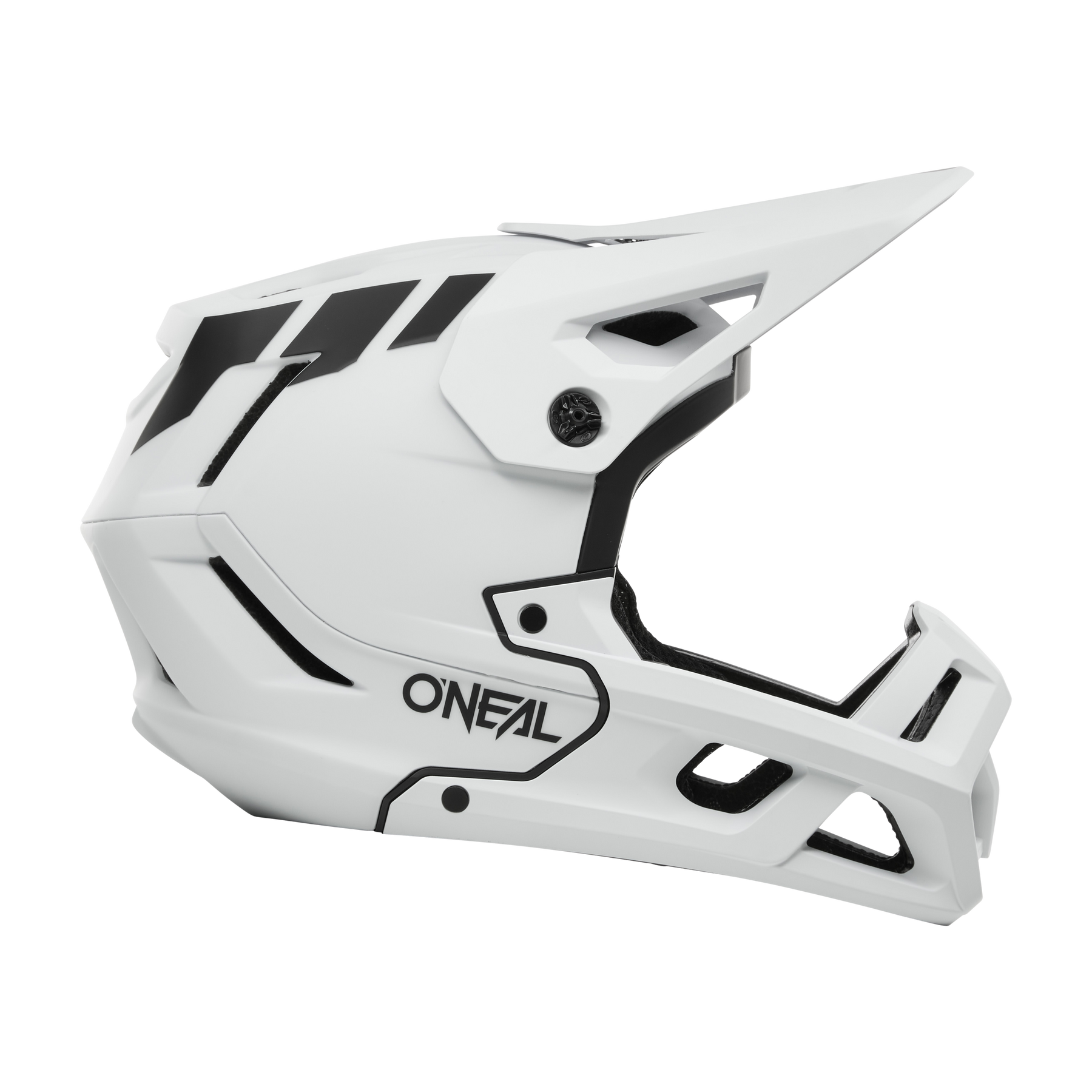 Der O'NEAL SL1 Helmet CREST ist ein weißer Fullface-Motocross-Helm mit schwarzen Akzenten, O'NEAL-Logo, ausgeprägtem Visier und kantigen Belüftungsöffnungen für optimalen Schutz in jedem Gang.
