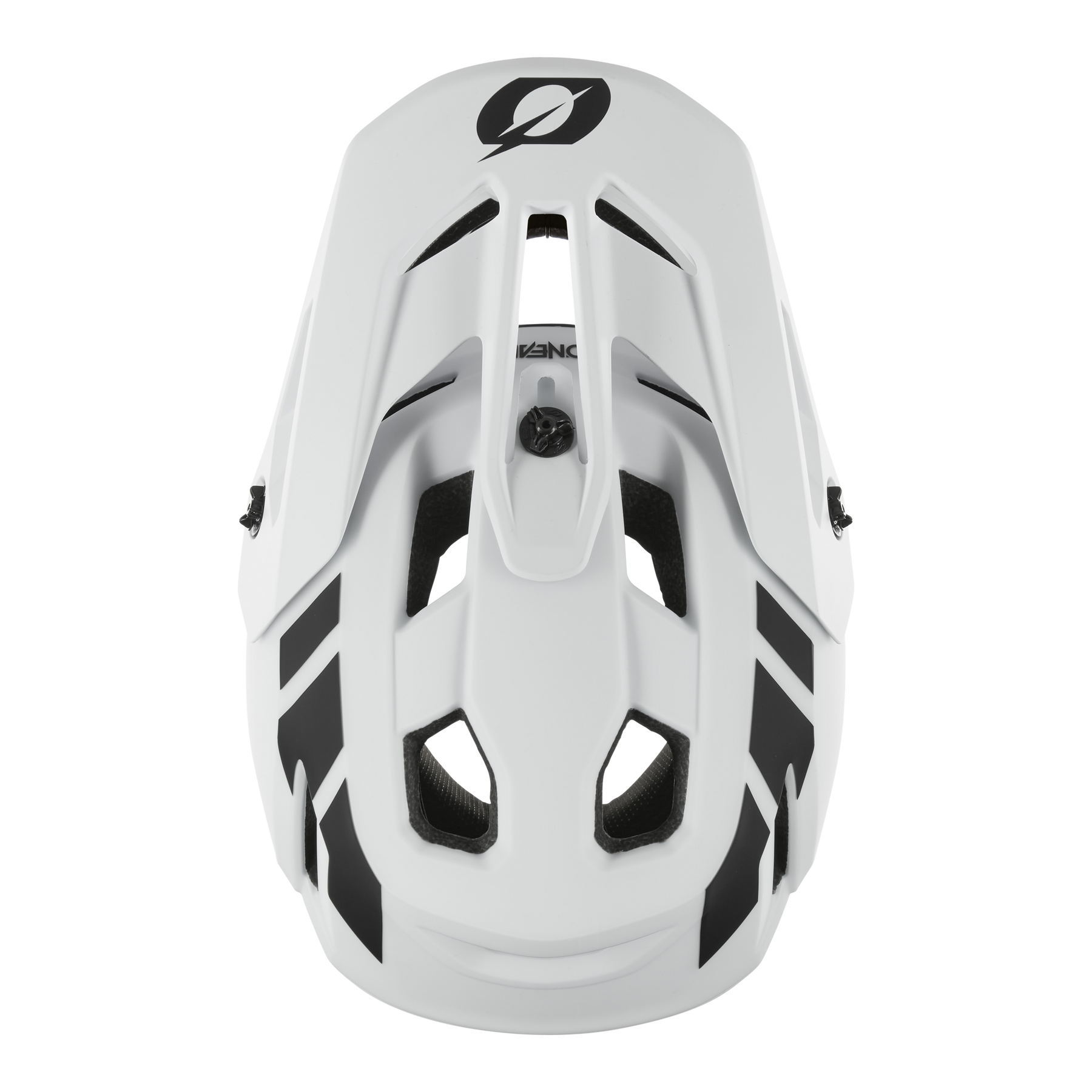 Der O'NEAL SL1 Helmet CREST ist ein weißer Fahrradhelm mit schwarzen geometrischen Akzenten, mehreren Belüftungsöffnungen und einem zentralen Einstellknopf für verbesserten Schutz in der Ausrüstung.