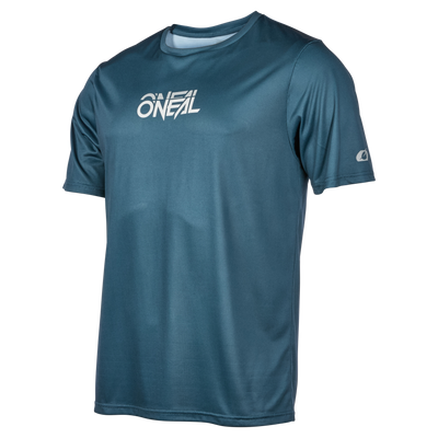 Das O'NEAL SLICKROCK Jersey STATIC ist ein tealfarbenes Kurzarm-Mountainbike-Trikot mit dem weißen O'NEAL-Logo auf der Brust und einem kleinen Logo auf dem Ärmel, das Qualität und Komfort auf einem unifarbenen Hintergrund vereint.