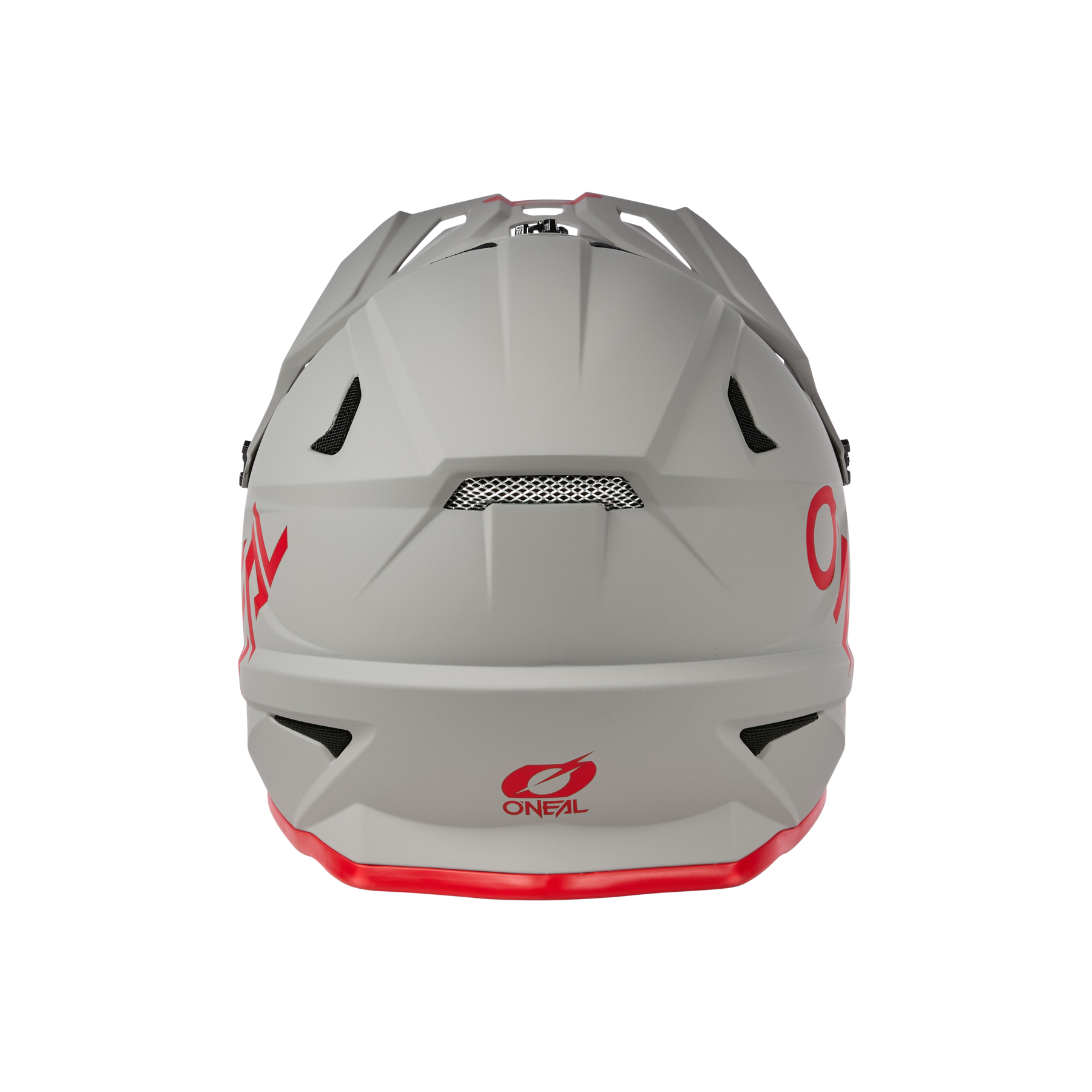 Rückansicht des grau-roten O'NEAL SONUS Helm SOLID MTB-Helms mit belüftetem Oberteil, geometrischen Details und dem O'NEAL-Logo in der Nähe der Unterseite - perfekt für Fahrradliebhaber.