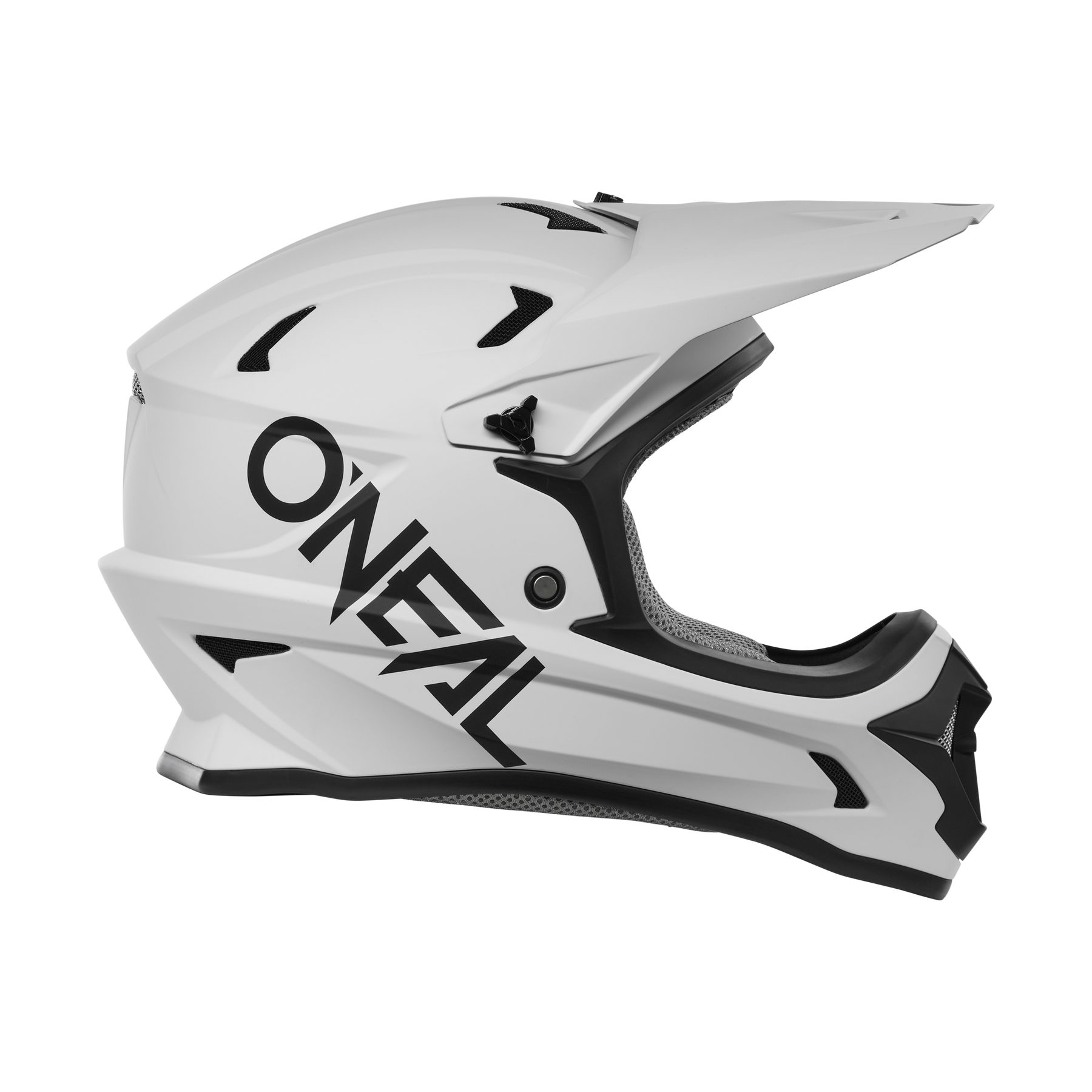 Der O'NEAL SONUS Helm SOLID ist ein weißer Fullface-MTB-Helm mit schwarzen Akzenten und dem O'NEAL-Logo in fettem Schwarz an der Seite, das in der linken Seitenansicht zu sehen ist.