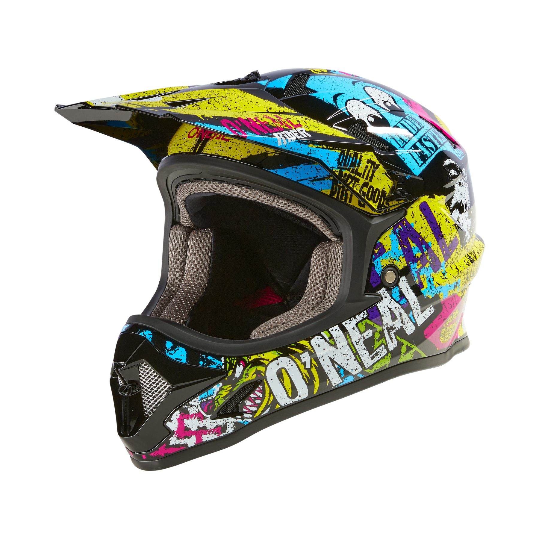 Der O'NEAL SONUS Helm Kinder RIOT hat eine schwarze Basis mit leuchtenden blauen, gelben, rosa und weißen Grafiken und dem "O'NEAL"-Logo an der Seite - ideal für junge Fahrradfans.
