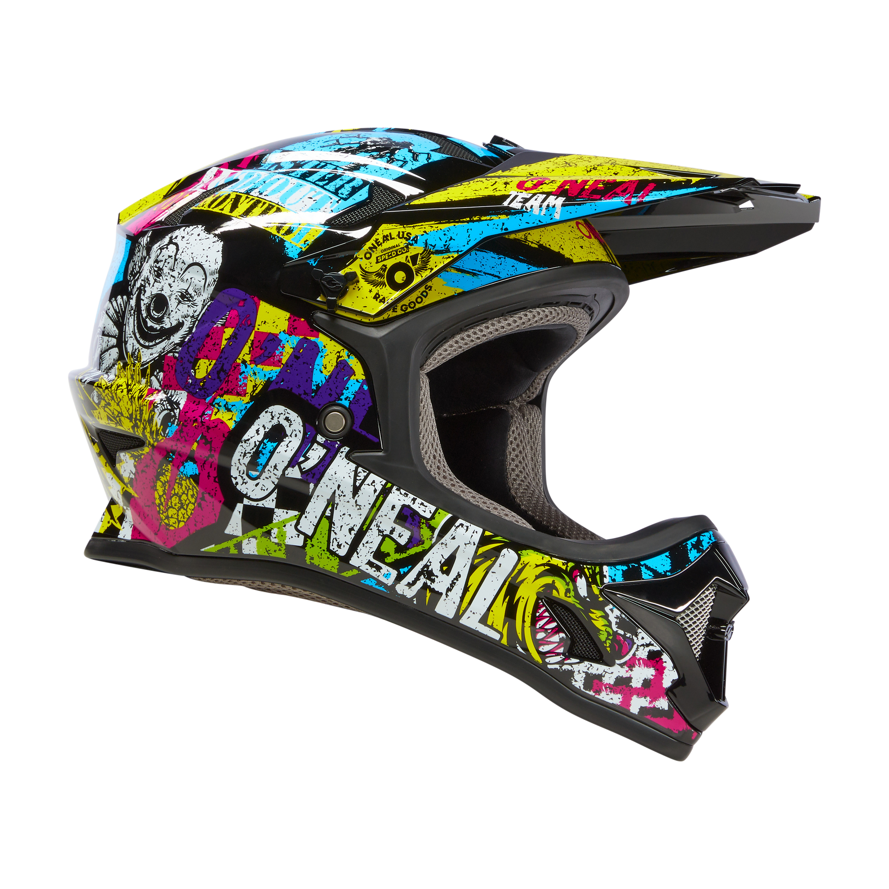 Der O'NEAL SONUS Helm Kinder RIOT ist ein farbenfroher MTB-Helm mit leuchtenden Grafiken im Graffiti-Stil in Gelb, Blau, Pink und Weiß - ideal für junge Fahrradenthusiasten - und der Marke O'NEAL auf der Seite.