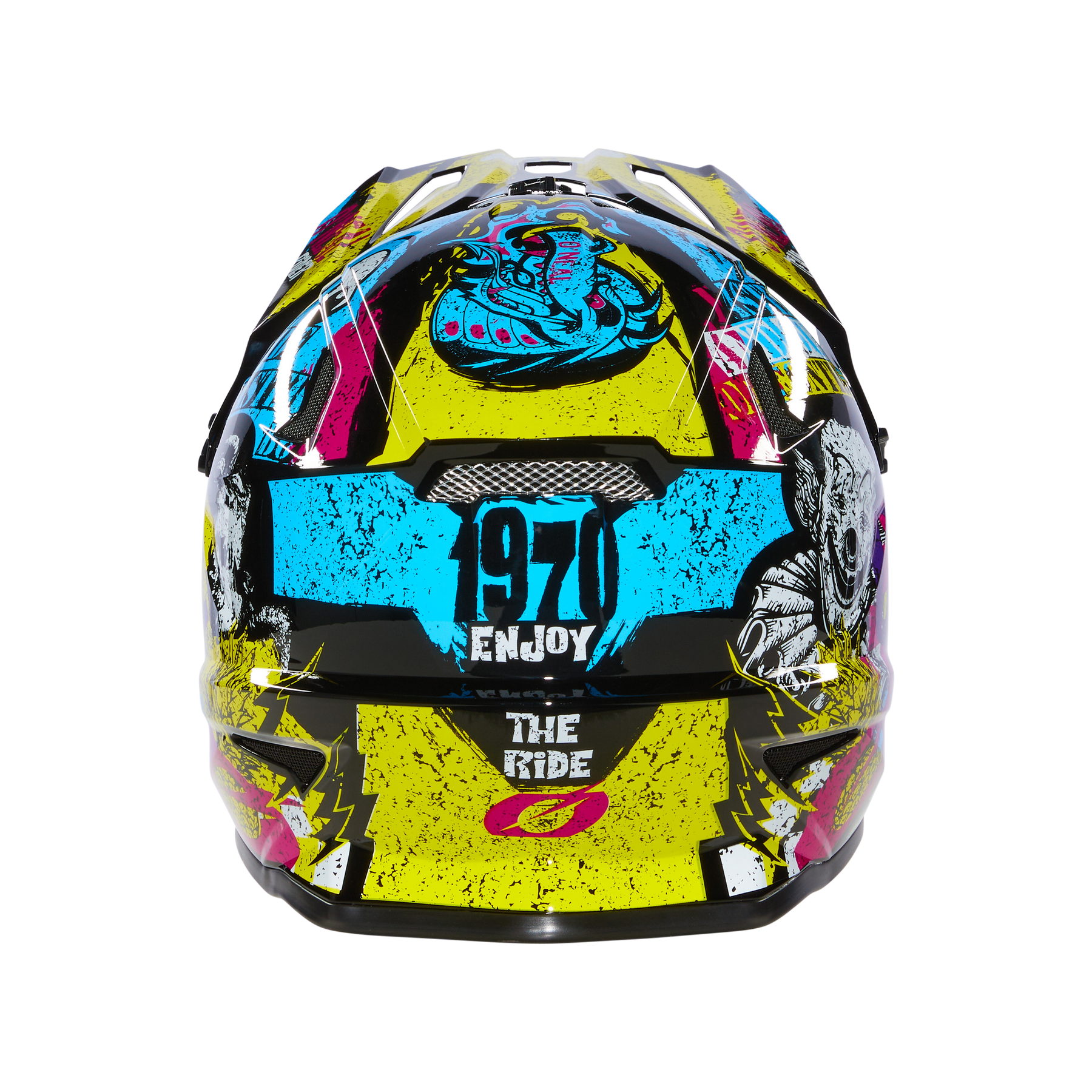 Der O'NEAL SONUS Helm Kinder RIOT ist ein auffälliger Kinder-MTB-Helm mit gelben, blauen, pinken und schwarzen Grafiken im Graffiti-Stil, auf denen "970", "ENJOY" und "THE RIDE" zu sehen sind.