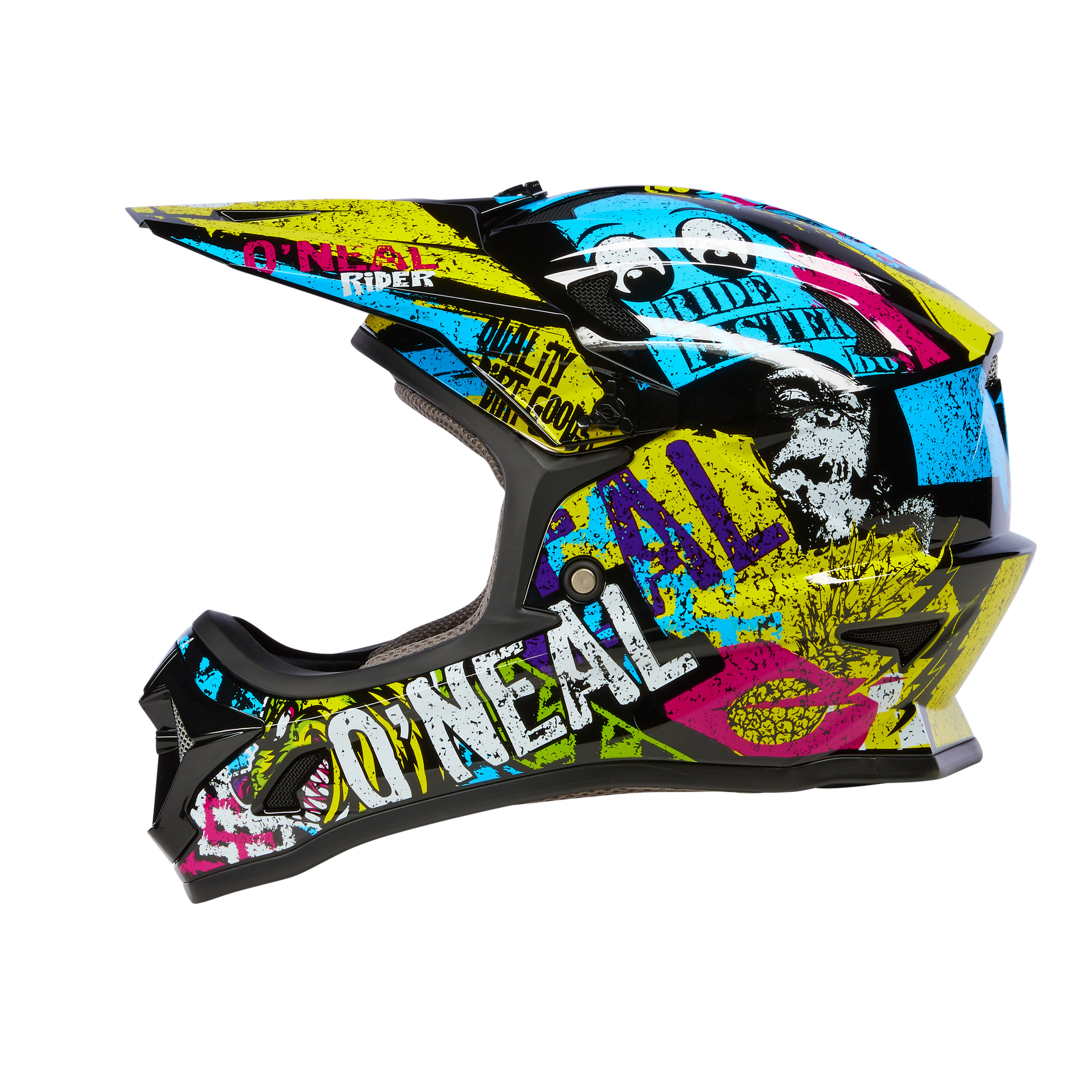Der O'NEAL SONUS Helm Kinder RIOT ist ein farbenfroher Fullface-Motocross-Helm mit auffälligen Graffiti-Grafiken in Blau, Gelb, Pink, Schwarz und Weiß - perfekt für junge Motorradfans, die einen auffälligen Stil und Schutz suchen.