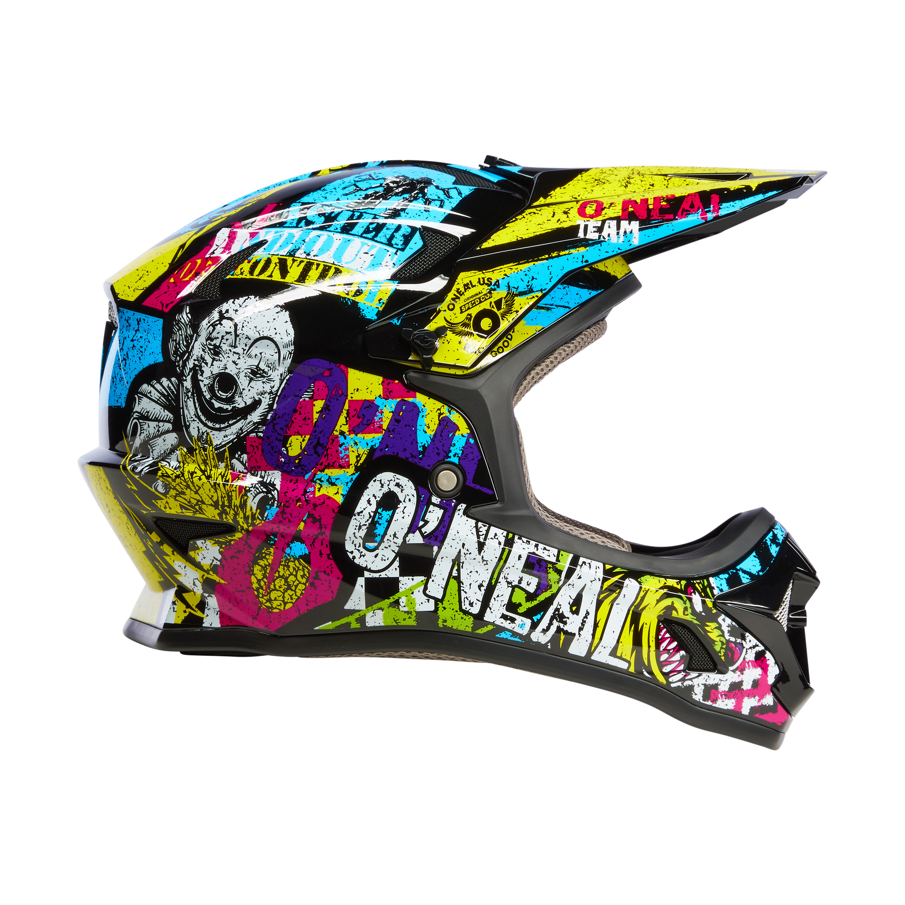 Der O'NEAL SONUS Helm Kinder RIOT ist ein farbenfroher Fullface-MTB-Helm für Kinder mit auffälligen Graffiti-Grafiken, darunter ein Clownsgesicht und scharfe Zähne, sowie das O'NEAL-Logo in Schwarz - ideal für junge Fahrer, die Stil und Sicherheit suchen.
