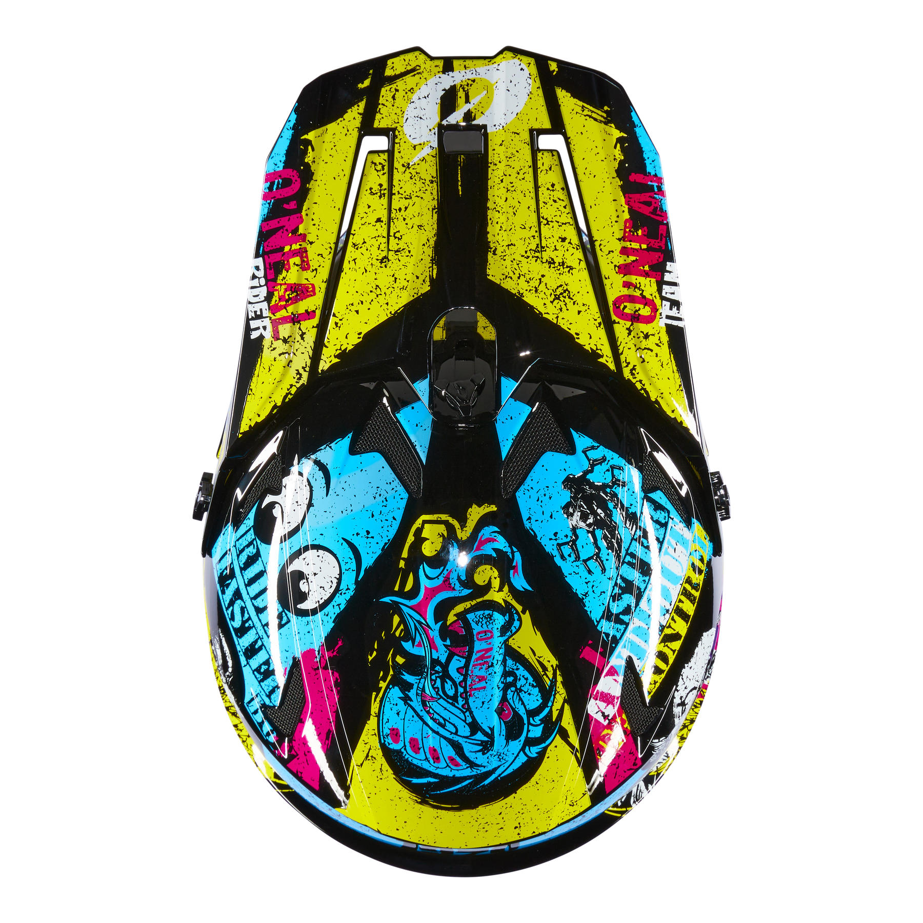 Ein lebendiger O'NEAL SONUS Helm Kinder RIOT Jet Ski mit auffälligen gelben, rosa, blauen und schwarzen Grafiken - mit stilisiertem Text, Farbspritzern und einem zähnefletschenden Tier -, die das O'NEAL Fahrradhelmdesign auf schwarzem Hintergrund widerspiegeln.