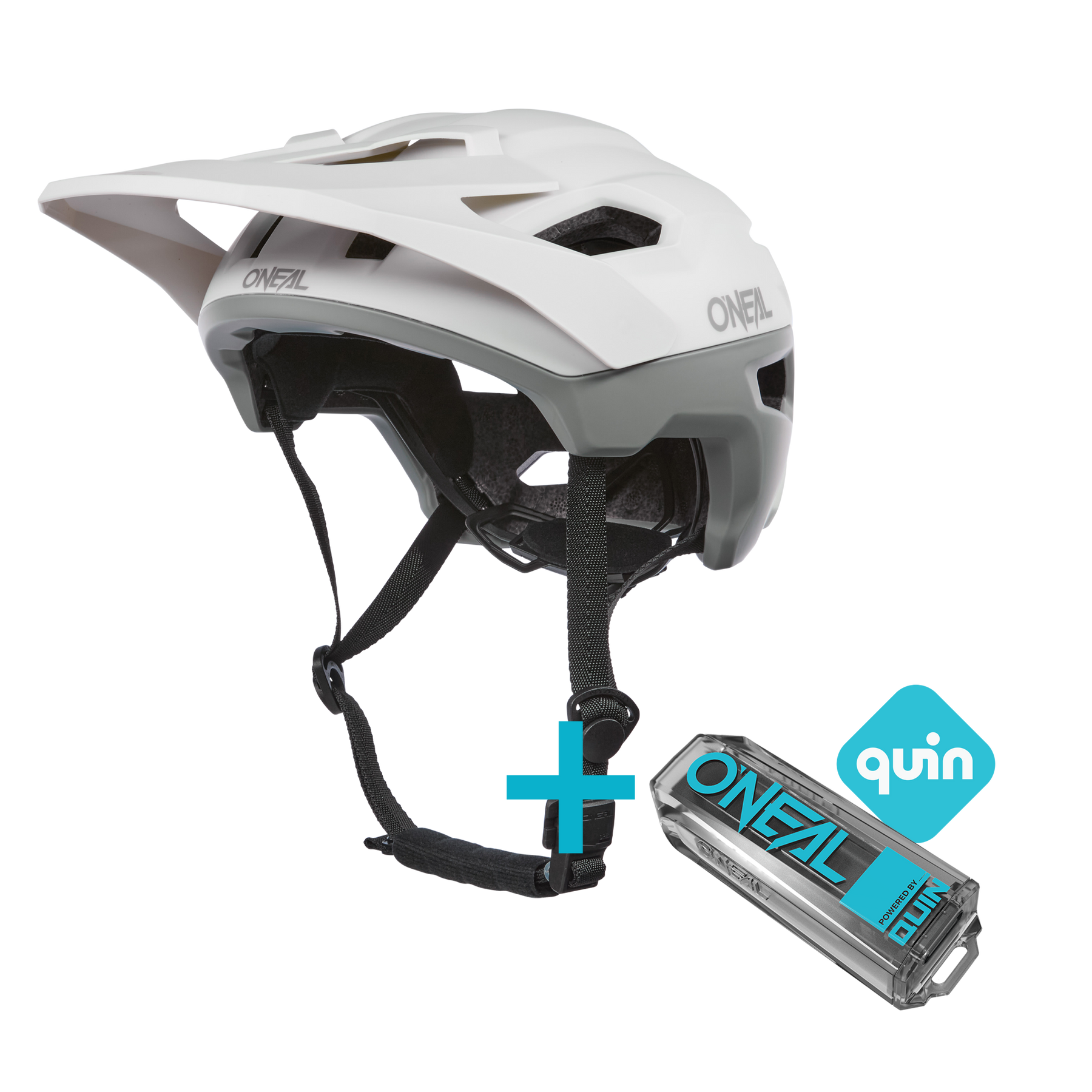 O'NEAL TRAILFINDER EVO Solid Quin Bundle: weißer Helm mit Visier, schwarzen Riemen und integriertem QUIN Smart Sensor, abgebildet mit einem blauen Plus-Symbol und dem O'NEAL-Logo.