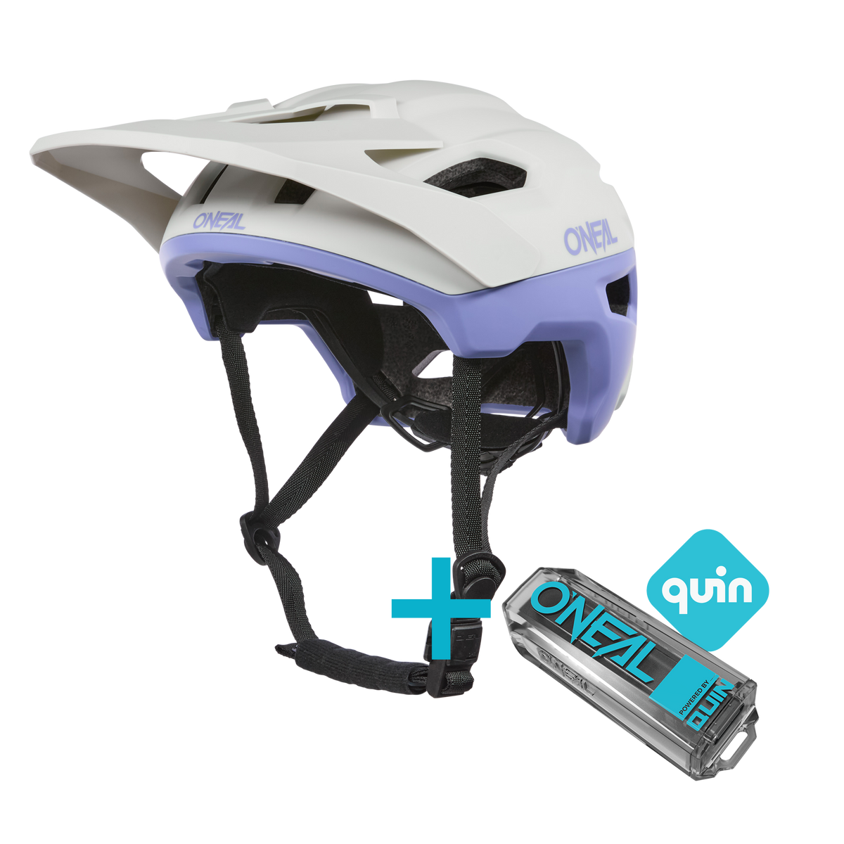 Das O'NEAL TRAILFINDER EVO Solid Quin Bundle, bestehend aus einem weißen und lavendelfarbenen Enduro-Helm mit Visier und einem intelligenten Sicherheitssensor, wird neben dem Quin-Logo gezeigt, um diese fortschrittliche O'NEAL-Kombination zu präsentieren.
