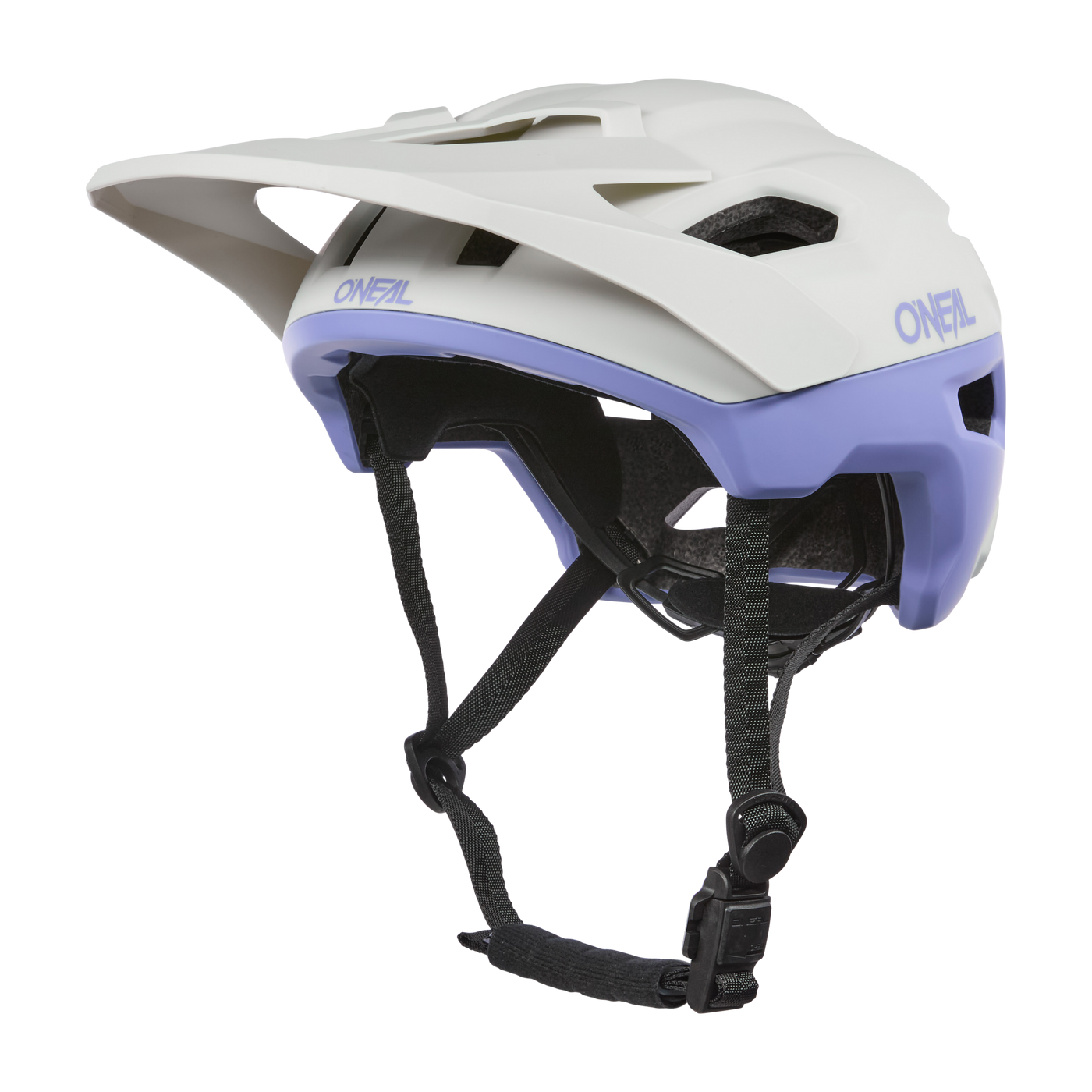 Der O'NEAL TRAILFINDER EVO Helmet SOLID ist ein weißer und hellvioletter Helm mit Belüftungslöchern, einem verstellbaren Visier und schwarzen verstellbaren Kinnriemen mit Schnalle.