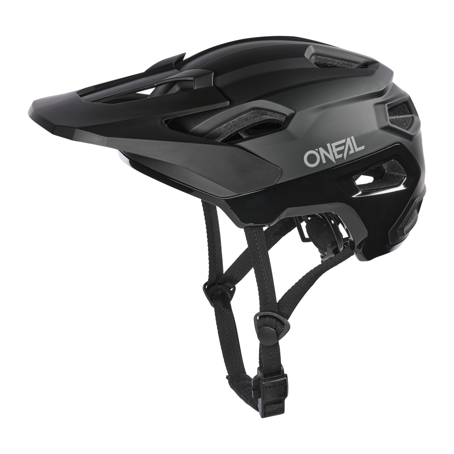 Der O'NEAL TRAILFINDER EVO Helm SOLID, hier in mattem Schwarz mit Visier und Belüftungsöffnungen, verfügt über verstellbare Riemen und ein aerodynamisches Design - perfekt für Trailriding-Enthusiasten, die Stil und Sicherheit suchen.