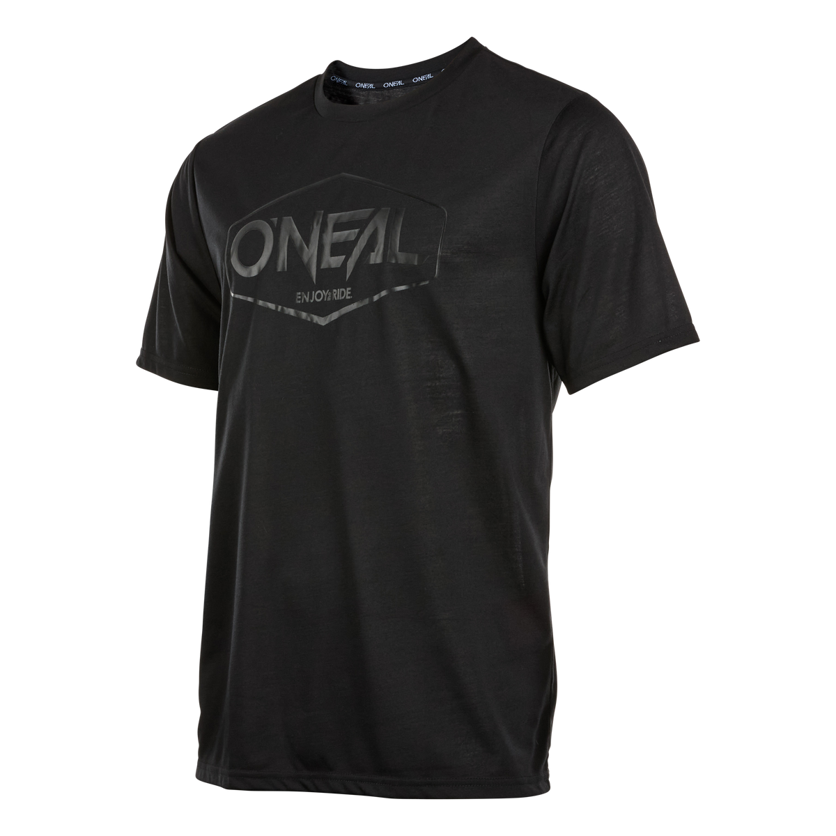 Das O'NEAL VAULT Jersey ist ein schwarzes, kurzärmeliges Mountainbike-Trikot mit einem dezenten, dunklen "O'NEAL ENJOY RIDE"-Logo auf der Brust. Es ist aus atmungsaktivem, komfortablem Material gefertigt und zeigt sich auf einem einfarbigen Hintergrund.