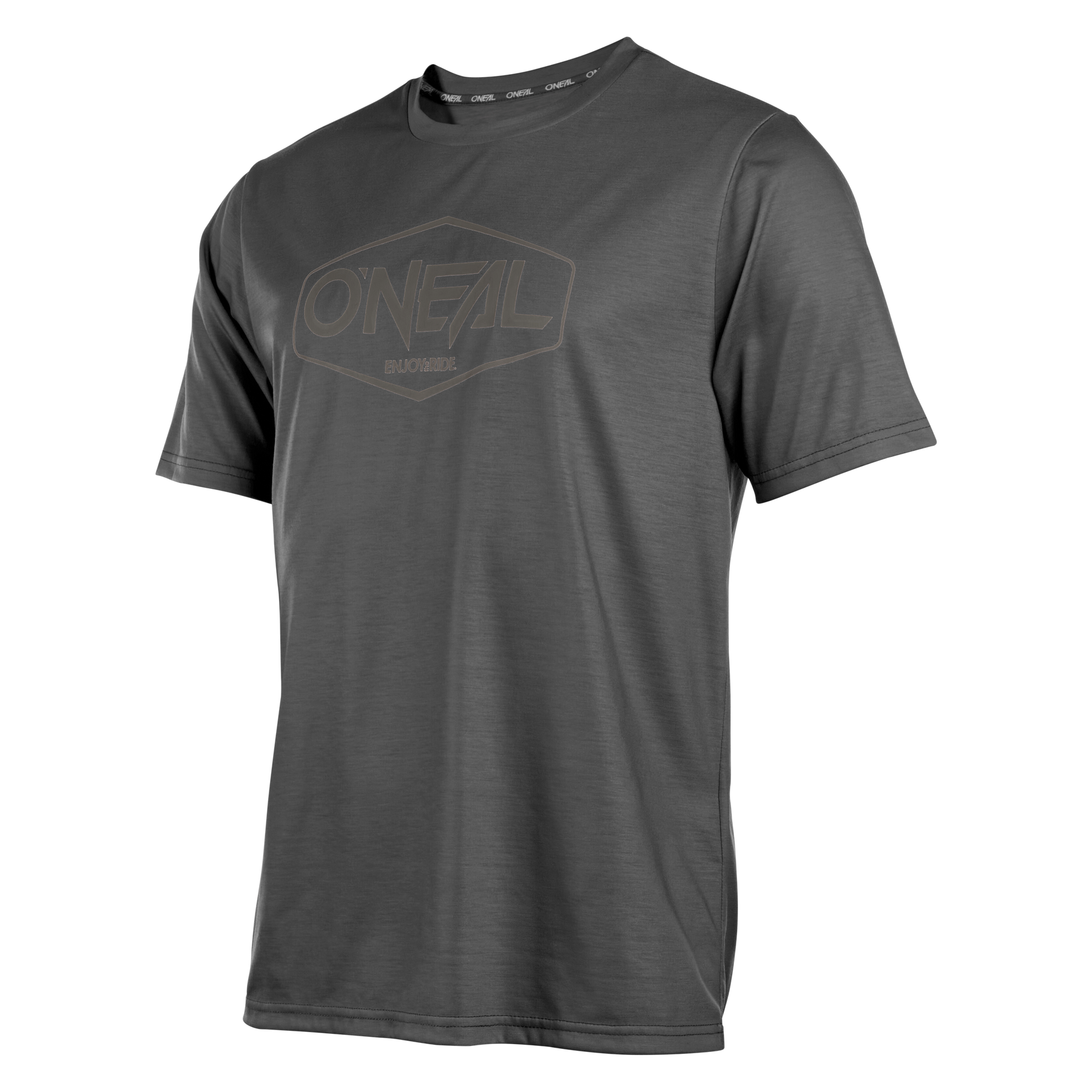 Das O'NEAL VAULT Jersey ist ein schlichtes, dunkelgraues, kurzärmeliges Mountainbike-Top mit einem dezenten O'NEAL-Logo auf der Brust. Es bietet atmungsaktiven Jersey-Komfort auf weißem Grund.