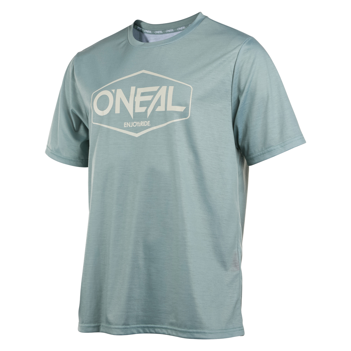 Das O'NEAL VAULT Jersey ist ein hellblaues, kurzärmeliges Mountainbike-Top mit weißem "O'NEAL ENJOY RIDE"-Logo, das aus atmungsaktivem, antibakteriellem Material gefertigt ist und auf einem unifarbenen Hintergrund gezeigt wird.